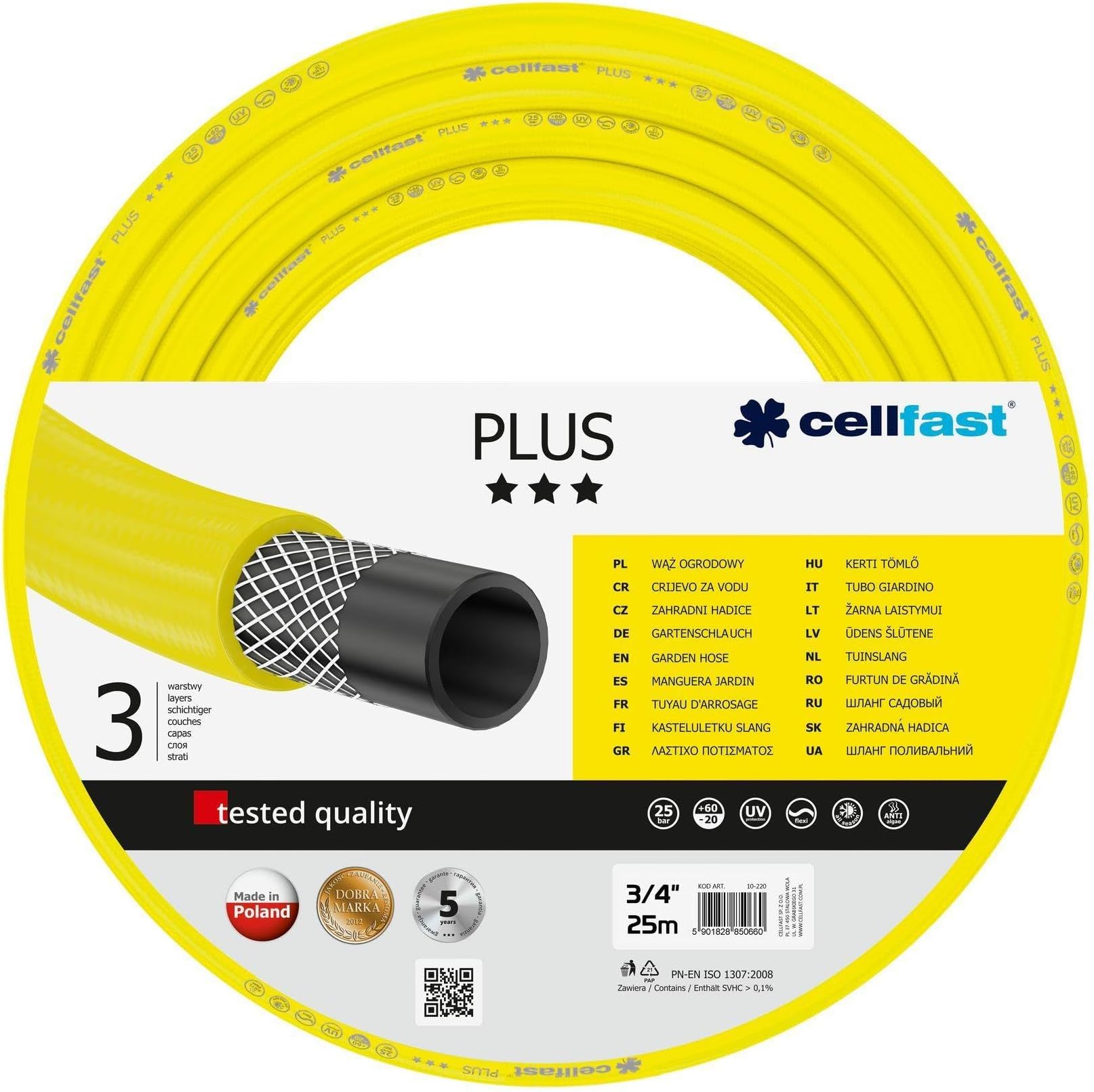 Cellfast Garden Hose PLUS 3/4” 25m, Flexible and Three-layer Hose, Resistance to UV, Internal Part Resistant to Algae, 10-220