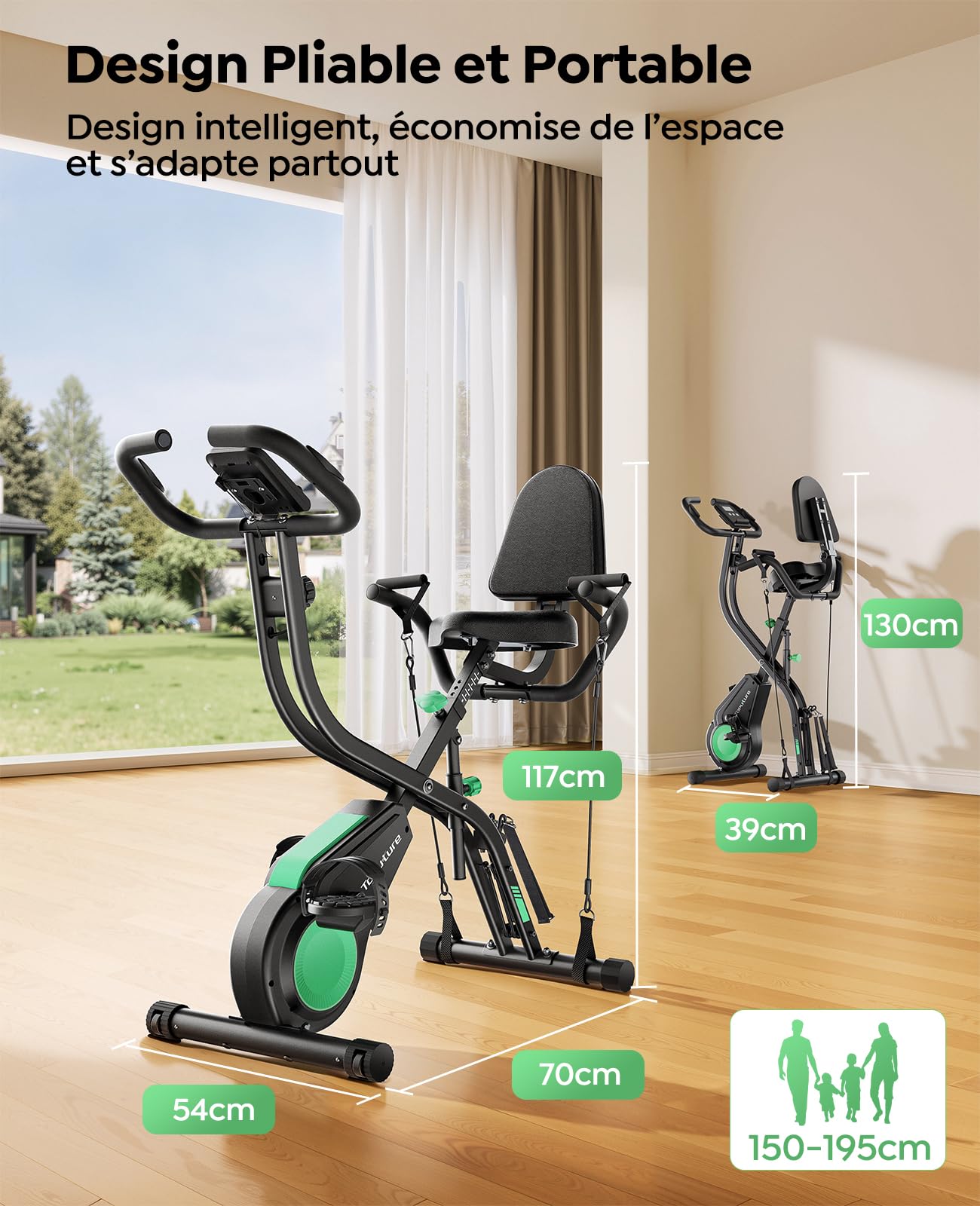 TOPUTURE 5-en-1 Vélo d’Appartement Pliable, Velo D Appartement avec 16 Niveaux de Résistance Magnétique, Moniteur LCD et Compatible APP, Vélos de fitness pour la maison avec Silencieux Capacité 140 kg