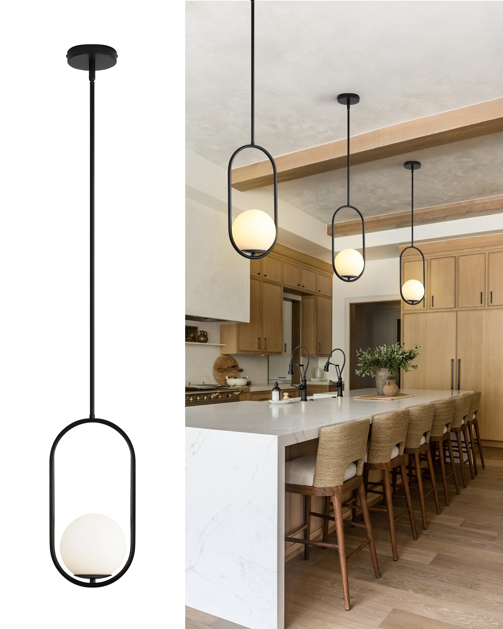 Yunnix 1-Light Modern Black Globe Pendant Lights Kitchen Island | Milk Glass Hanging Lamp for Kitchen Island, Dining Room, Bedroom, Living Room (Bulb Not Included)