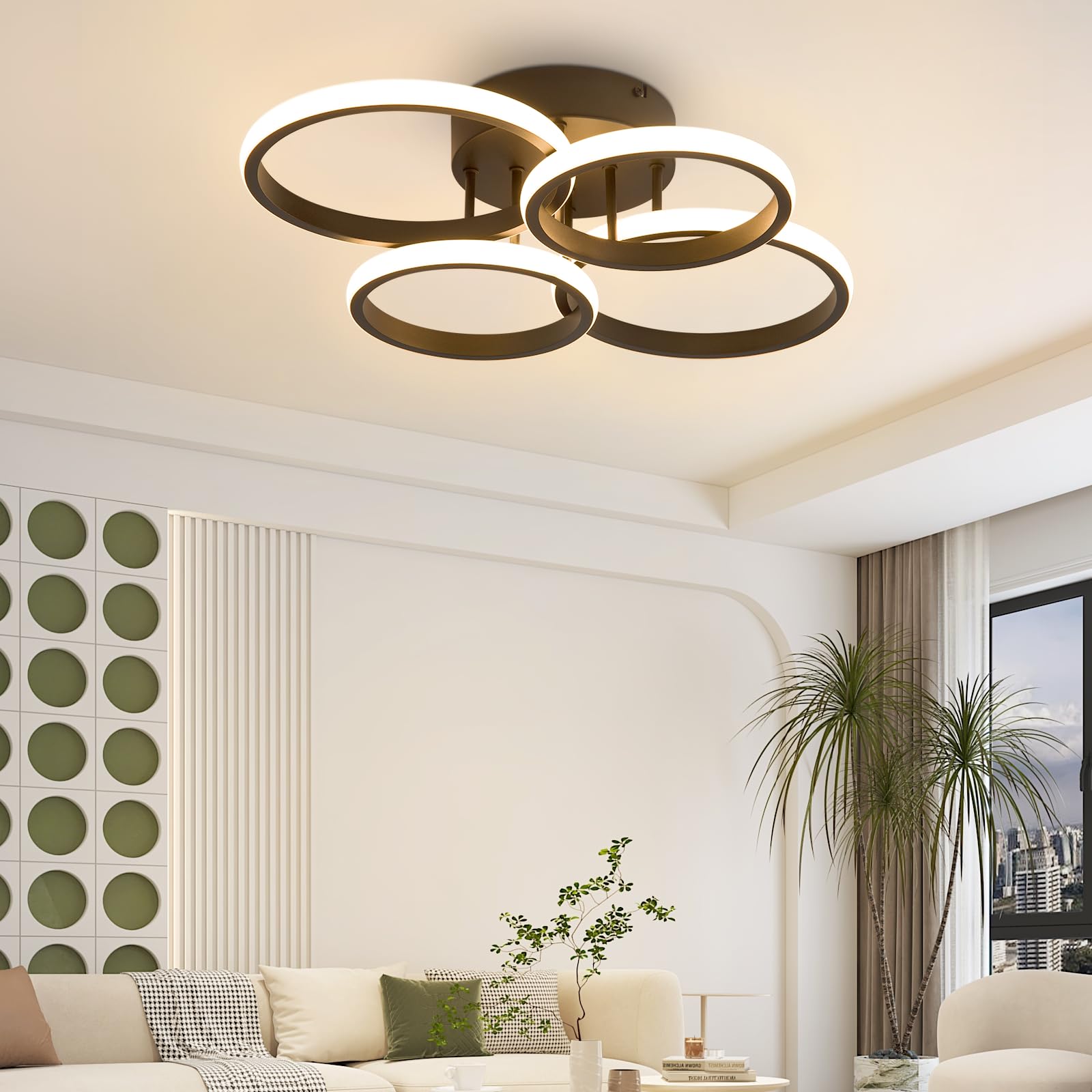 GBLY LED Deckenlampe Wohnzimmer: Deckenleuchte 55cm Küche Dimmbar Modern | Schwarz 48W Schlafzimmerlampe 4 Ring Design Deckenlampe Flur Büro Schlafzimmer Lampe mit Fernbedienung