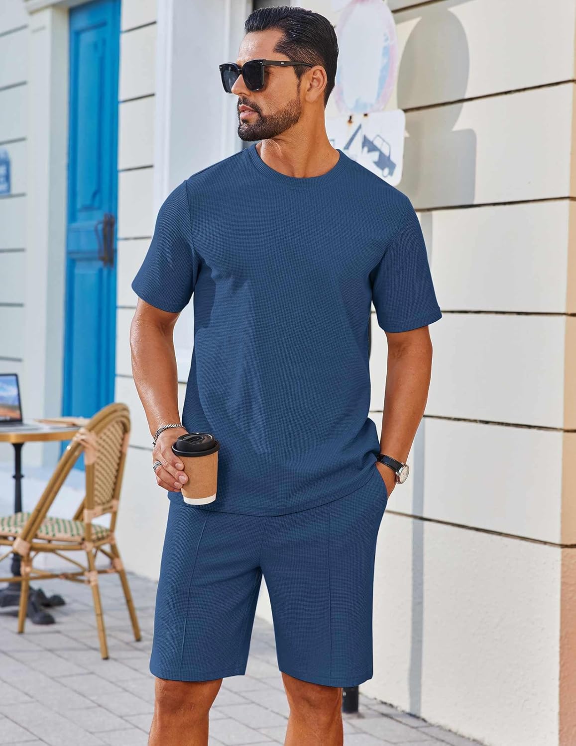 COOFANDY Mens 2 Pieces Outfits Casual Cotton T Shirt and Shorts Set Summer Short Sleeve Waffle Tracksuits - Image 2