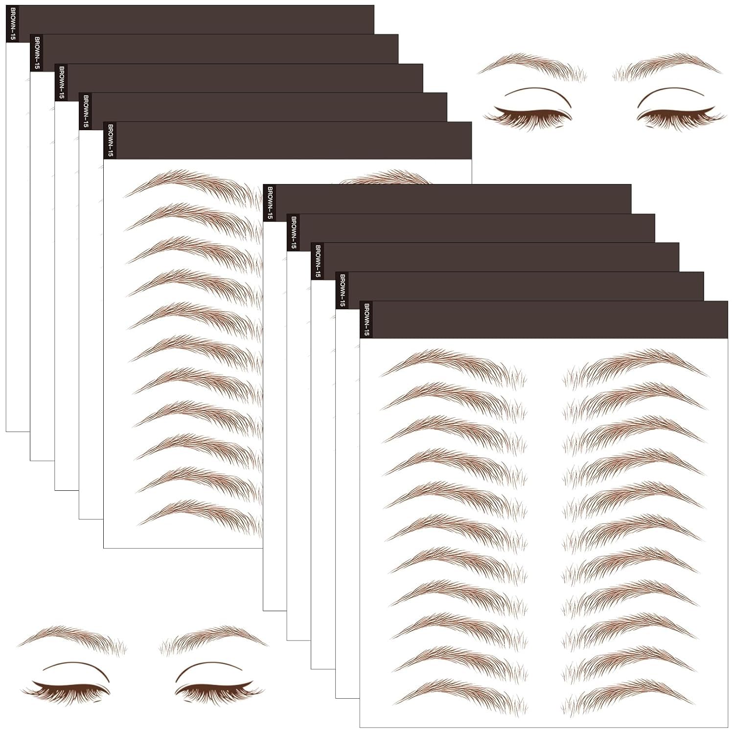 10 Sheets 110 Pairs 4D Hair-Like Waterproof Eyebrow Tattoos, Brown Tattoo Eyebrows Sticker Pairs, Temporary Brow Tattoos Grooming Shaping Stickers in Arch Style for Women Brown15