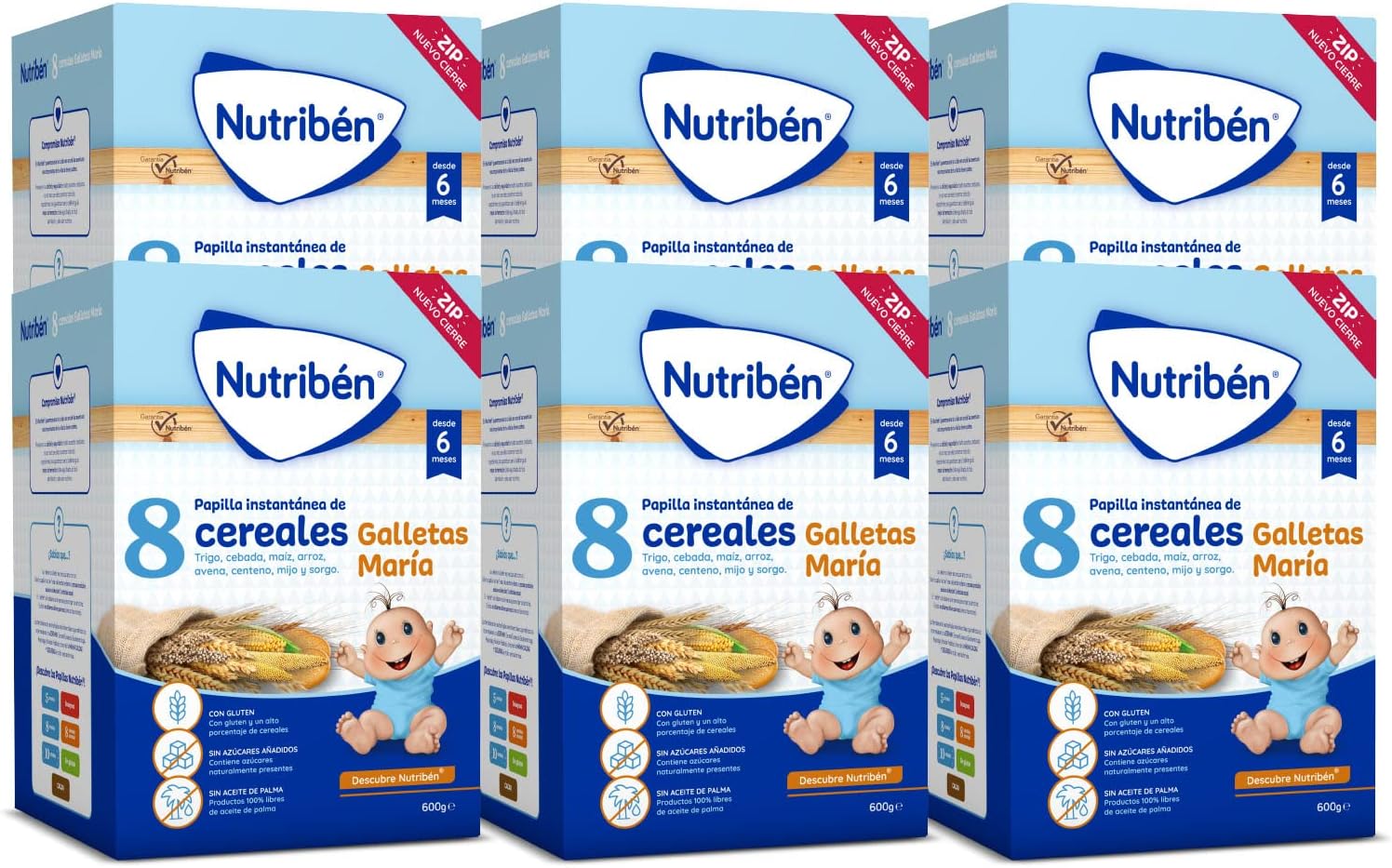 Nutribén Papilla 8 Cereales Galletas María, Cereales Bebé, +6m, 6x600g