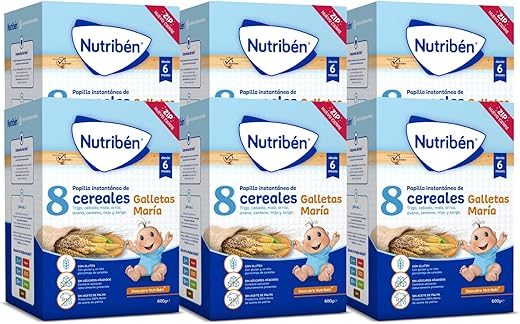 Nutribén Papilla 8 Cereales con Galletas María, 3600g, Sin azúcares añadidos, Sin Aceite de Palma, Alimento para Bebés, desde los 6 Meses, Pack de 6 x 600g