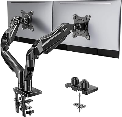 HUANUO Dual Monitor Stand - Full Adjustable Monitor Desk Mount Swivel Vesa Bracket with C Clamp, Grommet Mounting Base for 13 to 32 Inch Computer Screens - Each Arm Holds 4.4 to 19.8lbs