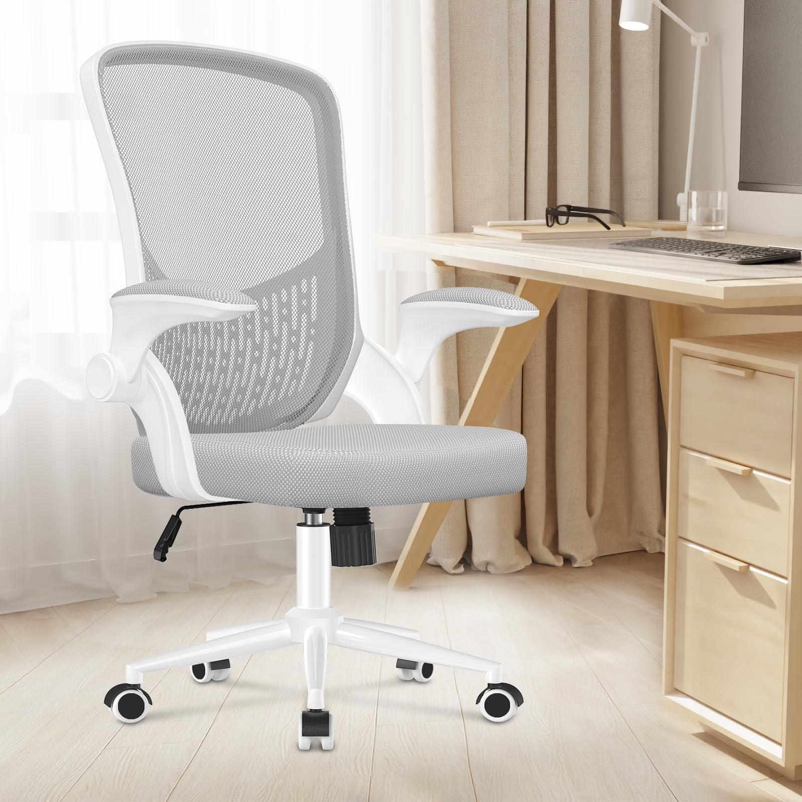 naspaluro Computer Desk Chair with Flip-up Armrests/3D Lumbar Support/Metal Claws, Swivel Mesh Ergonomic Office Chairs, Comfy Study Home Office Chairs, Small Heavy Duty Gray Work PC Chairs & Stools — image 1