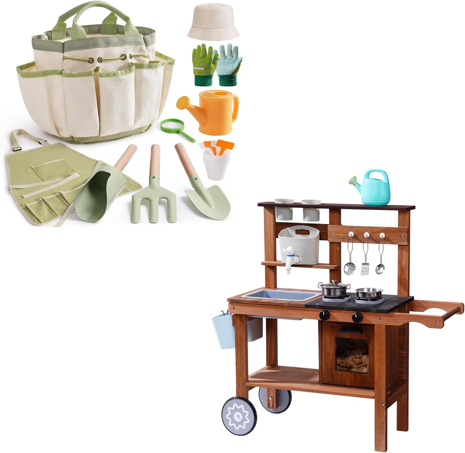 ROBOTIME Kids Gardening Tools & Outdoor Mud Kitchen Playset, 2-in-1 Backyard Toy Set for Boys and Girls Ages 3+, Pretend Play Kitchen & Complete Kids Gardening Kit with Accessories