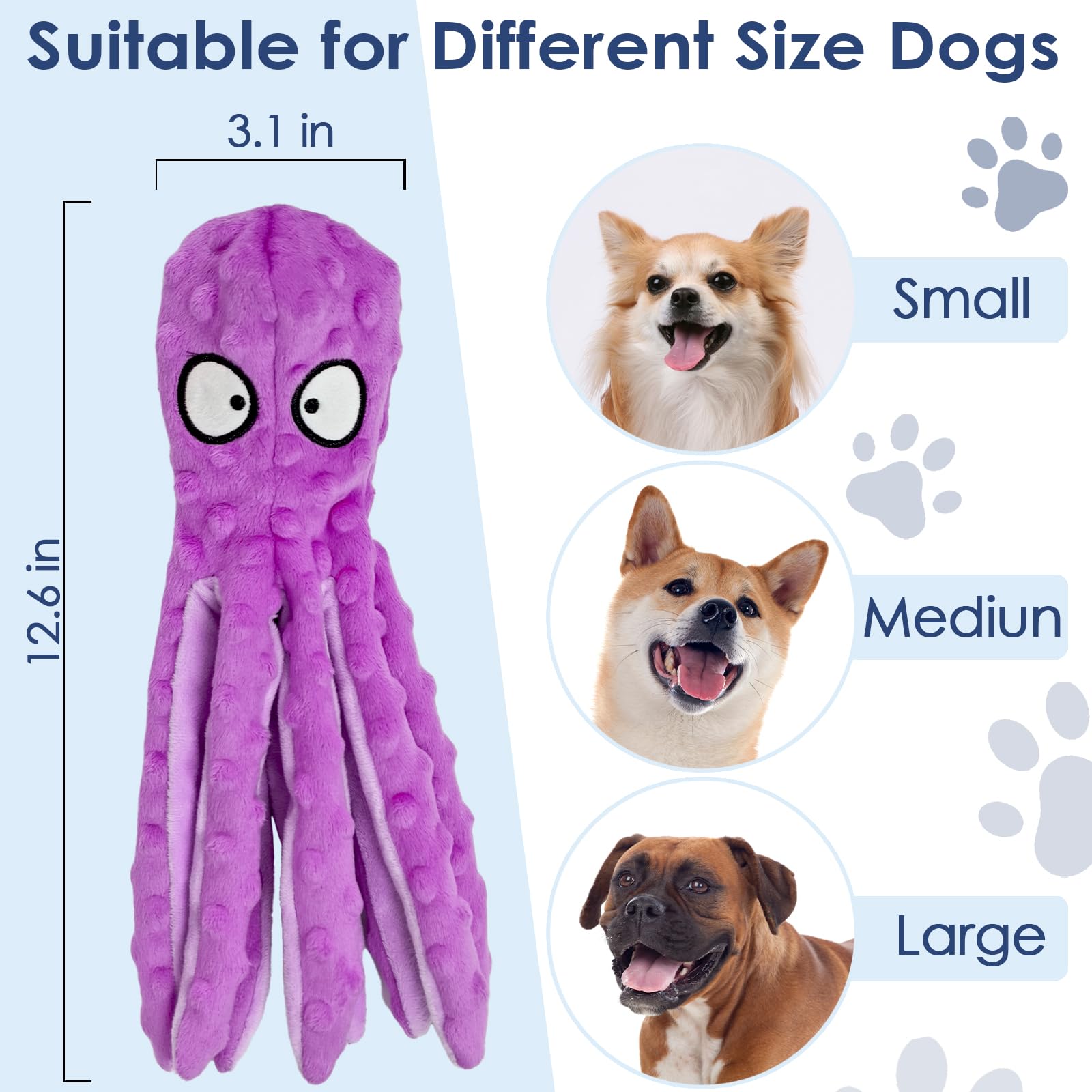 Paquete de 4 juguetes chirriantes para perros, juguetes de peluche de pulpo para masticadores agresivos, sin relleno, juguetes de peluche arrugados para dentición de cachorros, interactivos