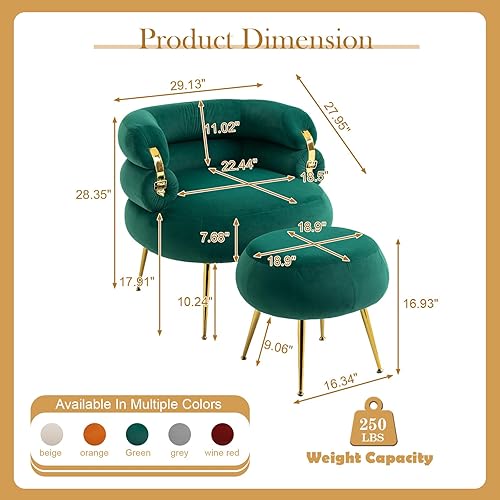 Miniatura 2 de Antetek Silla decorativa moderna de terciopelo con otomana, sillón tapizado con elegante decoración dorada, cómoda silla de descanso para sala de