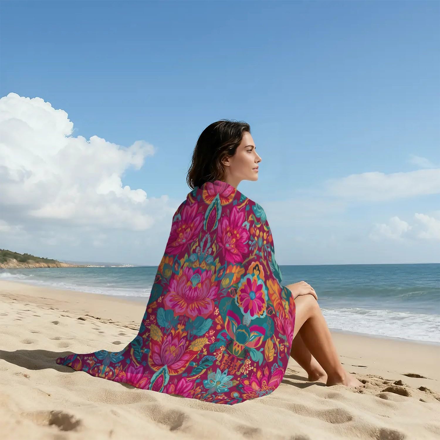 Générique Serviette de Plage Microfibre 200 x 100 CM,Drap de Plage Complexe, Luxueux, Couverture de Plage Absorbante,Couverture de Bain Fleurs Ornées, Symétrique, Continu