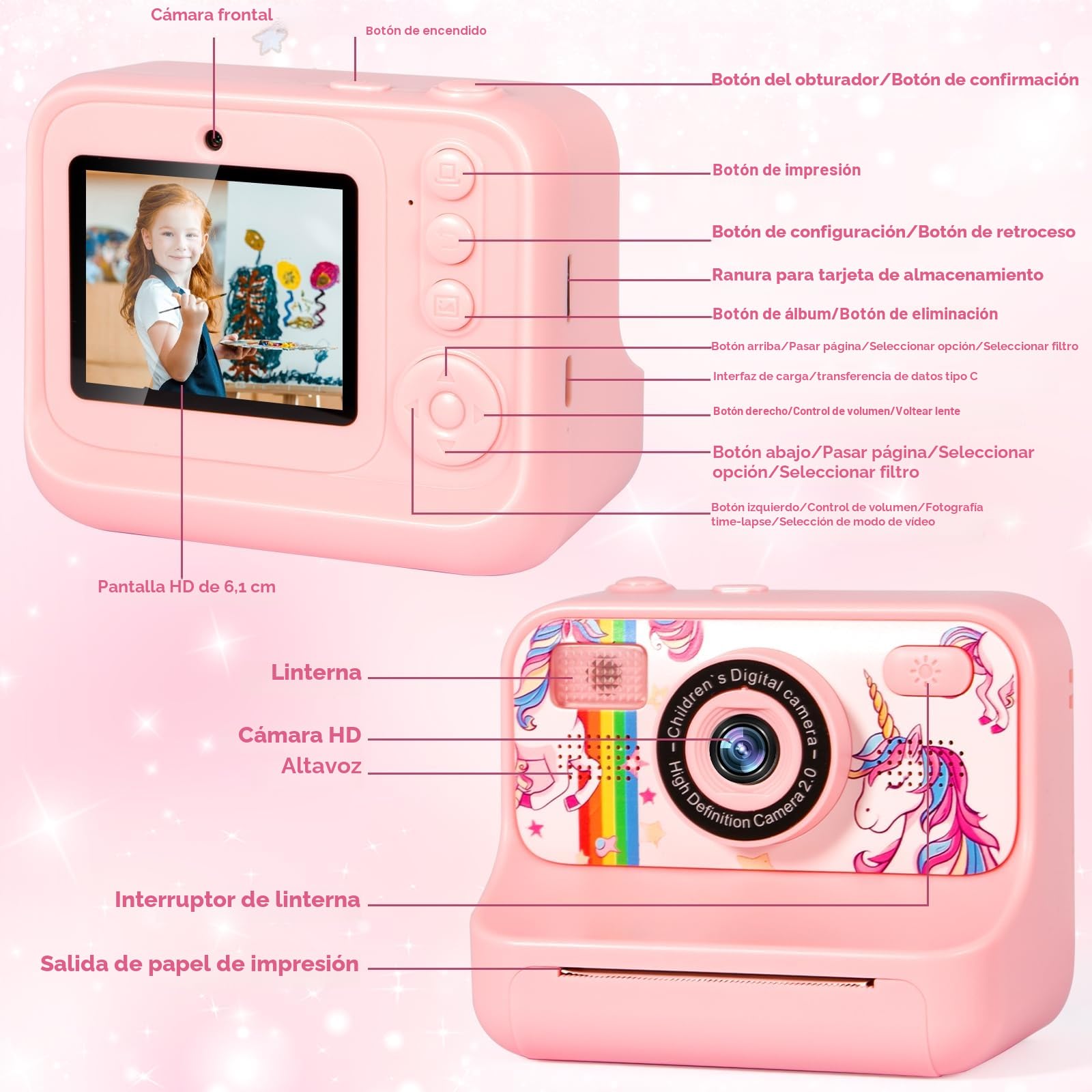 Camara Fotos Infantil Instantanea, 1080P 2,4" HD Camara Fotos Infantil con 32GB Tarjeta, Papel de Impresión y Bolígrafos de Colores, Juguete de Cumpleaños, Regalo para Niños de 3 a 12 Años
