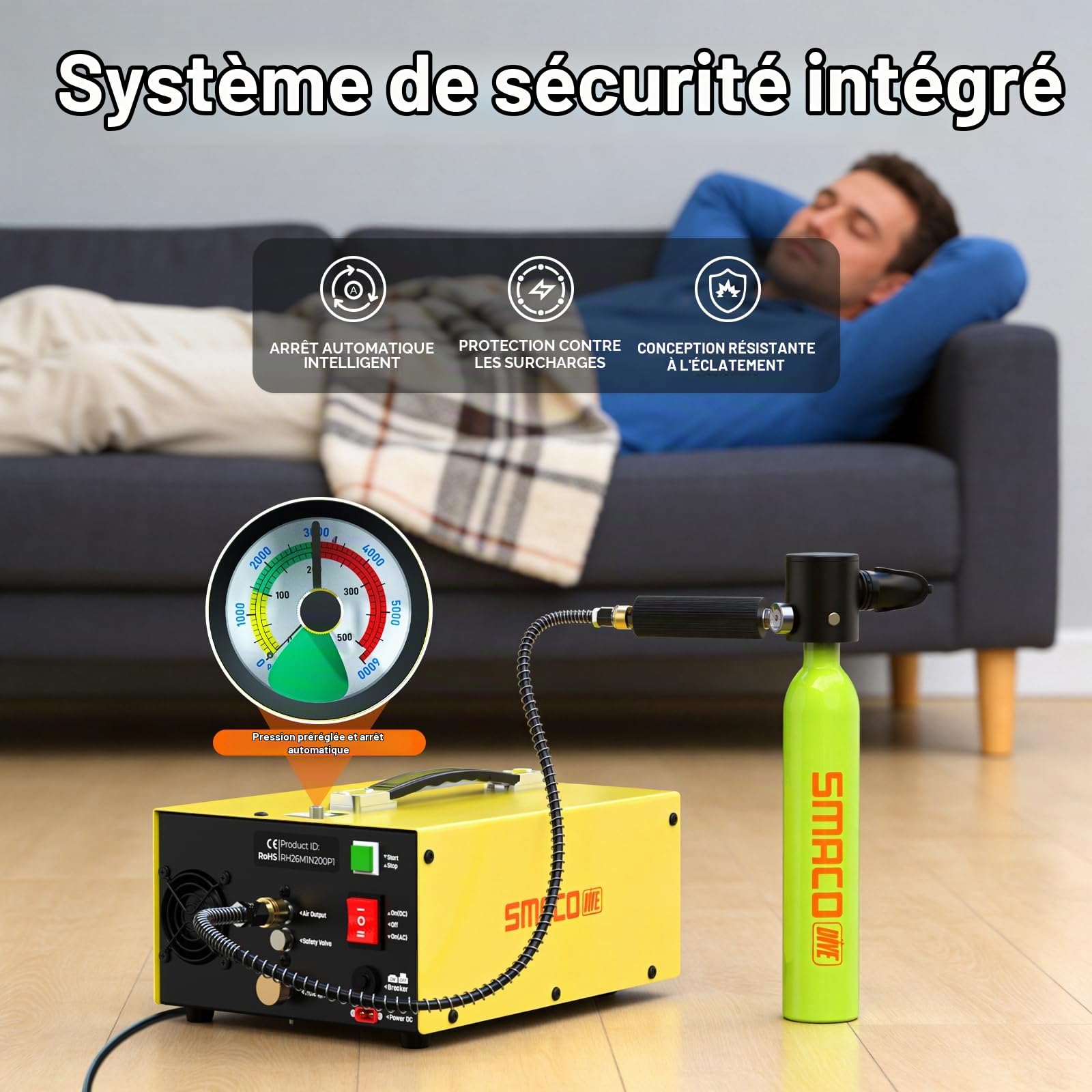 SMACO Compresseur d'air PCP 30MPa / 4500Psi, Pompe à Air de Haute Pression CC 12V & CA 110/220V, Arrêt Automatique, Sans Huile pour Pistolet à Air, Paintball, Mini Bouteille de Plongée