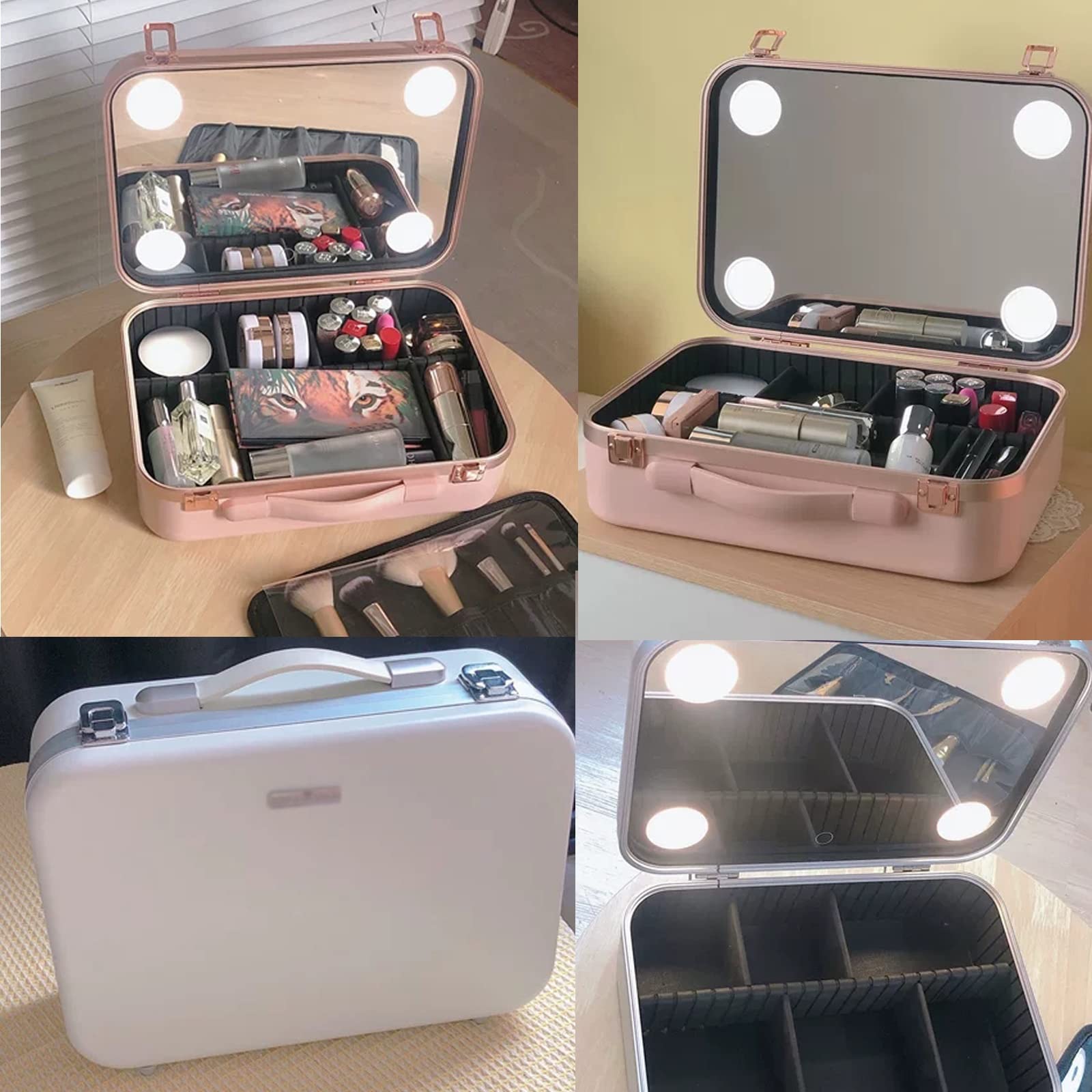Make-up-Tasche, Kosmetiktasche, tragbar, Reise-Schminkbox, für Kosmetik, Make-up-Pinsel, Kulturbeutel, Schmuck, Aluminiumrahmen, tragbare LED-Spiegel-Make-up-Tasche, Rosa, Weiß, 1 Stück