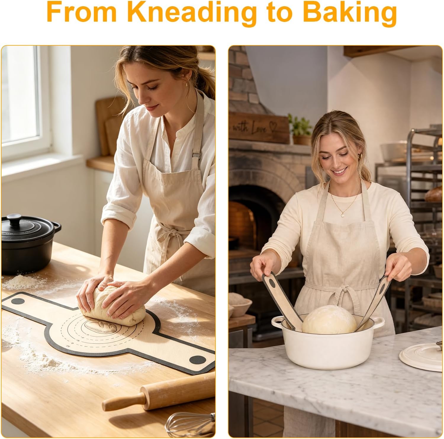 VINATO Set of 2 Silicone Baking Mats for Bread with Long Handles, Non-Stick & Heat Resistant, Round & Oval, Reusable Replacement for Baking Paper, Bread Baking Accessories (56 x 21 cm & 58.5 x 16 cm)