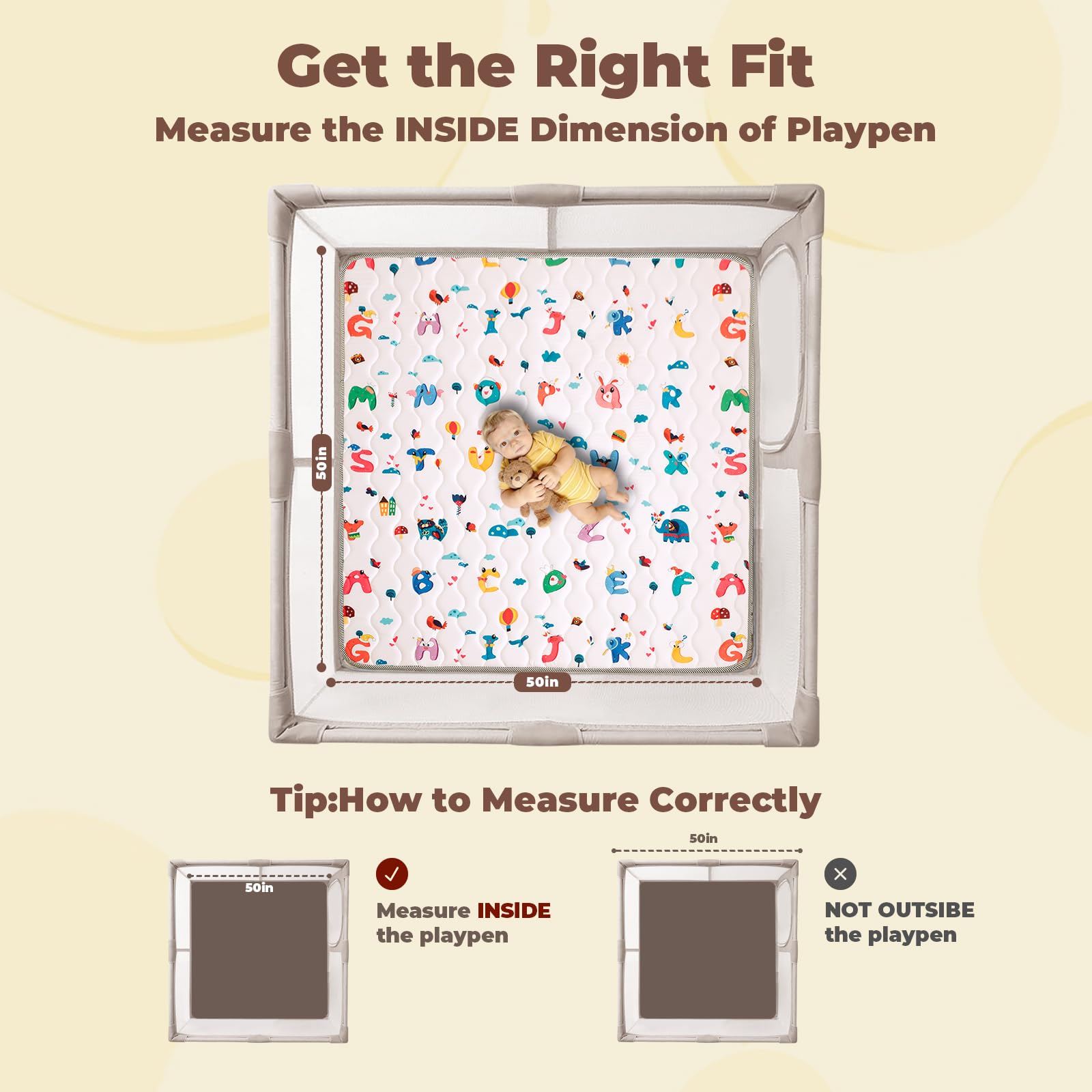 Wirhao Tapete de juego para bebé para piso, 50 x 50 pulgadas de espuma gruesa suave acolchada para bebé, tapete de juegos para niños pequeños, lavable a máquina, parte inferior antideslizante, seguro