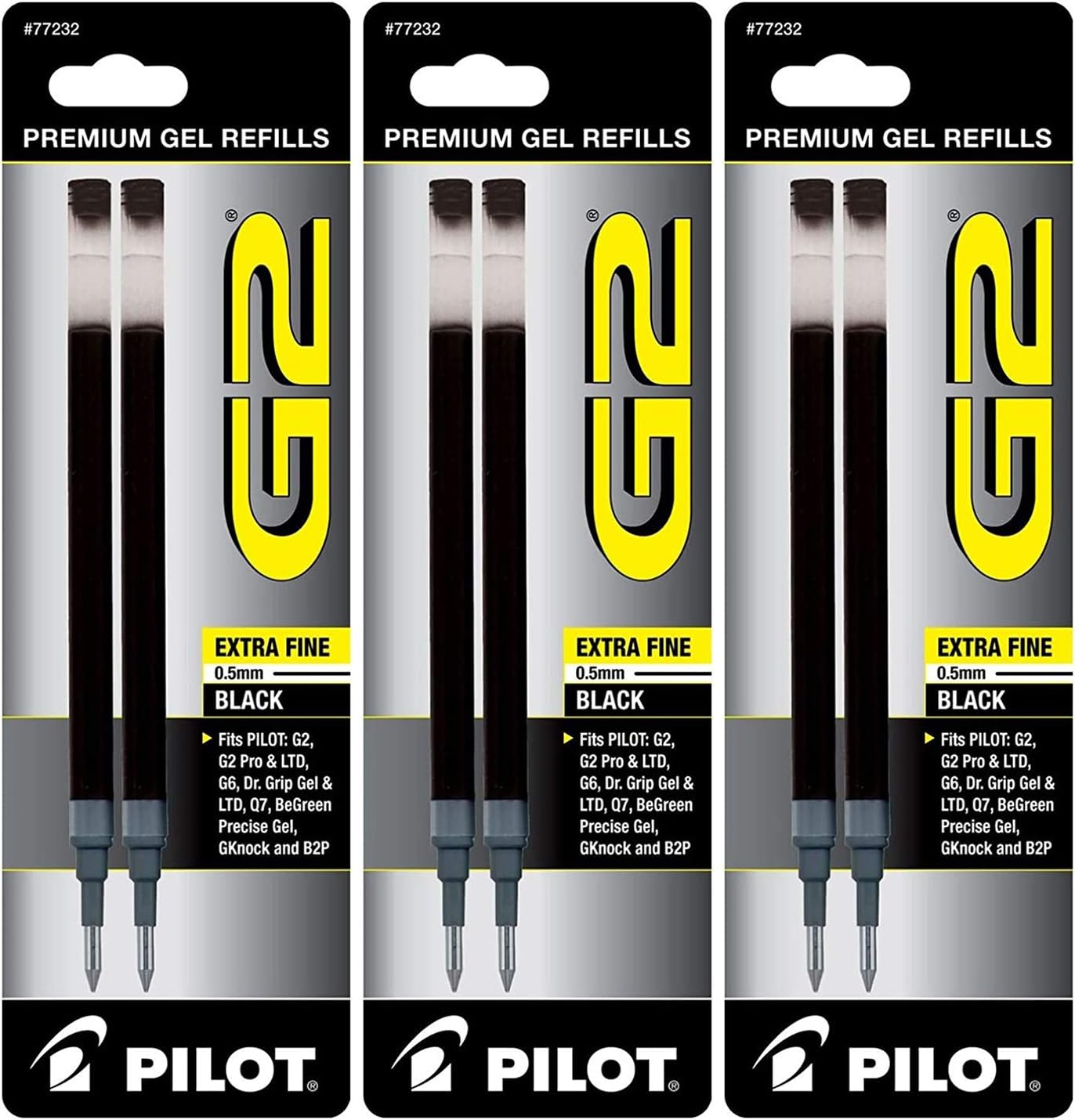 Pilot G2 Gel Ink Pen Refills, Extra Fine Point, 0.5mm, Black Ink, 6