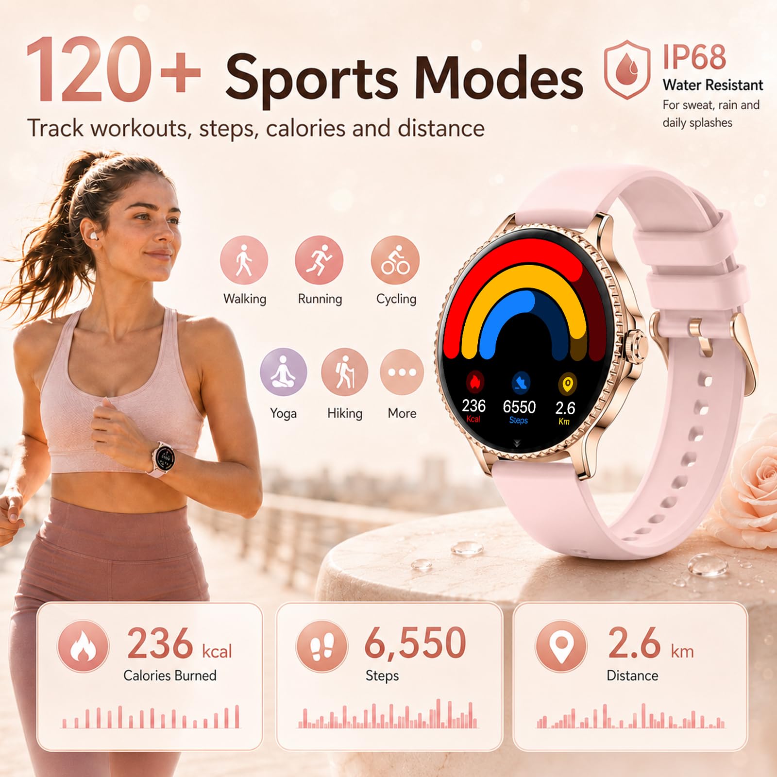 Reloj Inteligente Mujer 1,27" Smartwatch Redondo con Llamadas Bluetooth, Frecuencia Cardíaca SpO2 Sueño, 120+ Modos Deportivos, IP68 Resistente al Agua, 2 Correas, Compatible con Android iOS, Oro Rosa