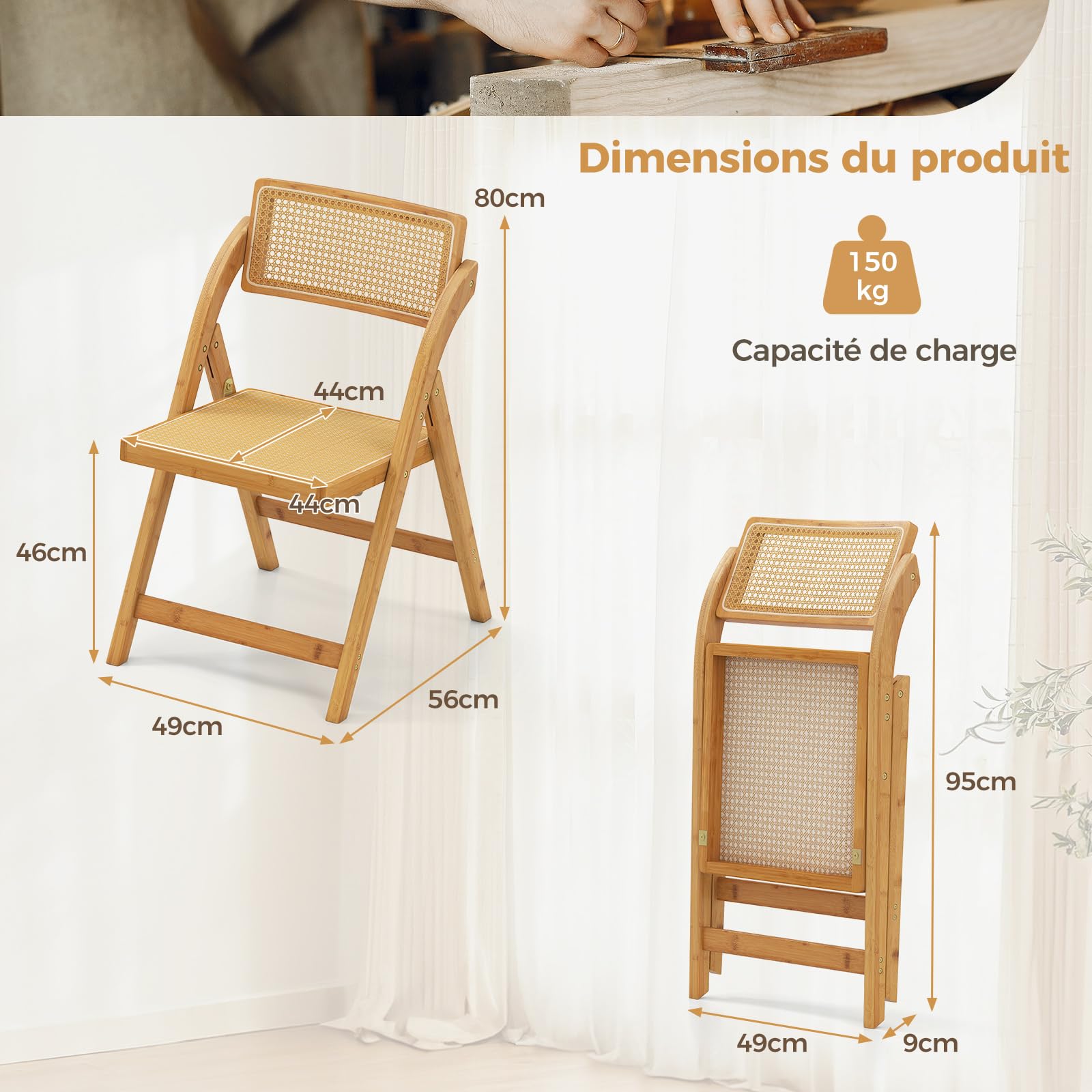 RELAX4LIFE Lot de 2 Chaise Pliante Bois, Chaises Rotin Salle à Manger avec Cadre en Bambou, Dossier Pivotant, Chaise Cannage Pliante, Style Bohème, Aucun Montage, Charge 150 kg, pour Cuisine Salon (1)
