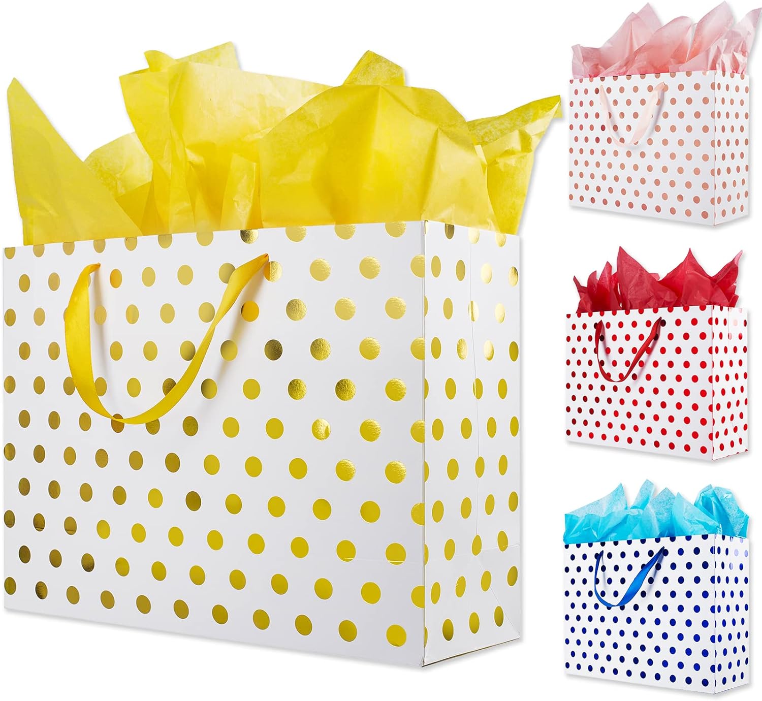 Plauthus 15.7" Extra Large Gift Bags for Presents with Tissue Paper for Birthday Party and Baby Shower (4 Pack, Gold, Rose Gold, Blue, Red metallic dots)