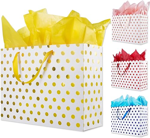 Plauthus Bolsas de regalo extra grandes de 16 pulgadas para regalos con papel de seda para fiesta de cumpleaños y baby shower (4 paquetes, dorado,