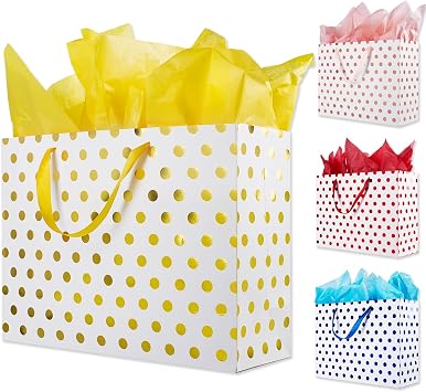 Plauthus 15.7" Extra Large Gift Bags, 4 Pack, Tissue Paper, Metallic Dots | 4 colors Gold/Rose Gold/Blue/Red, 15.7 x 12 x 5.5 in, metallic foil dots, tags, twisted rope handle, recyclable paper