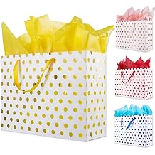 Plauthus 15.7" Extra Large Gift Bags for Presents with Tissue Paper for Birthday Party and Baby Shower 4 Pack, Gold, Rose Gold, Blue, Red metallic dots