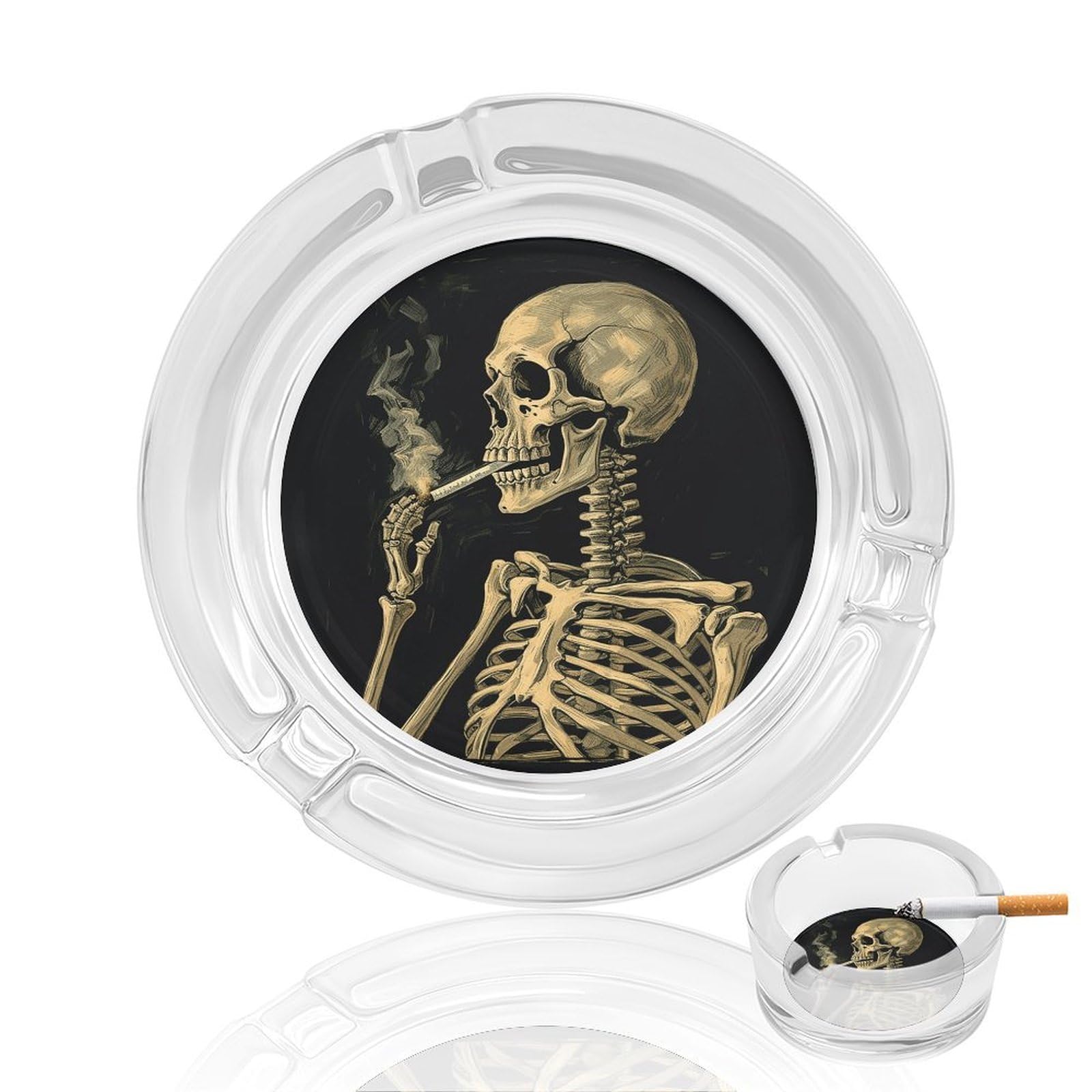 A Skeleton with Burning Cigarette Ashtray Cigar Cigarette Rest Glass Outdoor Cigar Ashtrays with 3 Grooves Travel Cigar Ashtrays Fancy Cute Cool Ash Tray for Smokers Tabletop