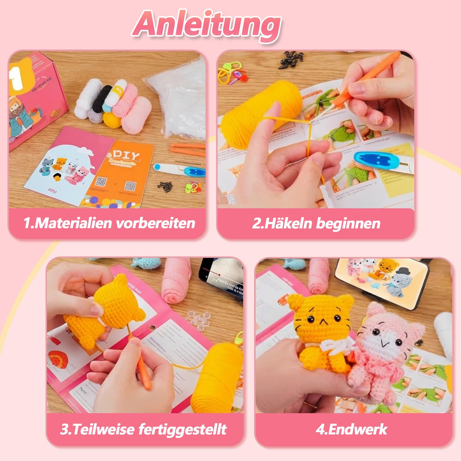 Cioquli Häkelset für Anfänger, 4 Stück Häkelset Tiere mit Häkelnadeln, Werkzeugen und Schritt für Schritt Video, Häkel Zubehör, DIY Stricken Set für Anfänger, Erwachsene, Häkelliebhaber Geschenk