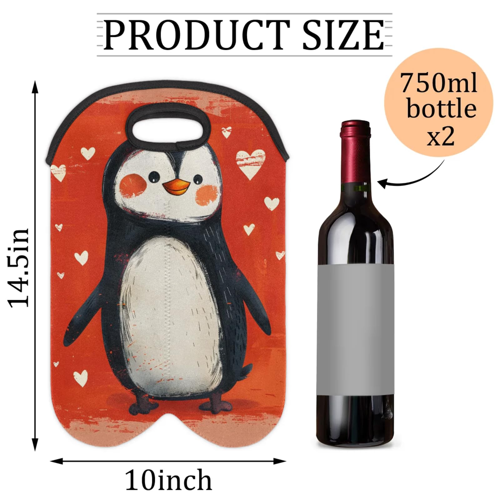 GzLeyigou 2 Bottles Penguin Heart Red Wine Bag Sleeve Totes Neoprene Protective Wine Carrier Bag for Wine,Water, Champagne, Beer, Baby Bottles,Gift 14.5 x 10 Inches