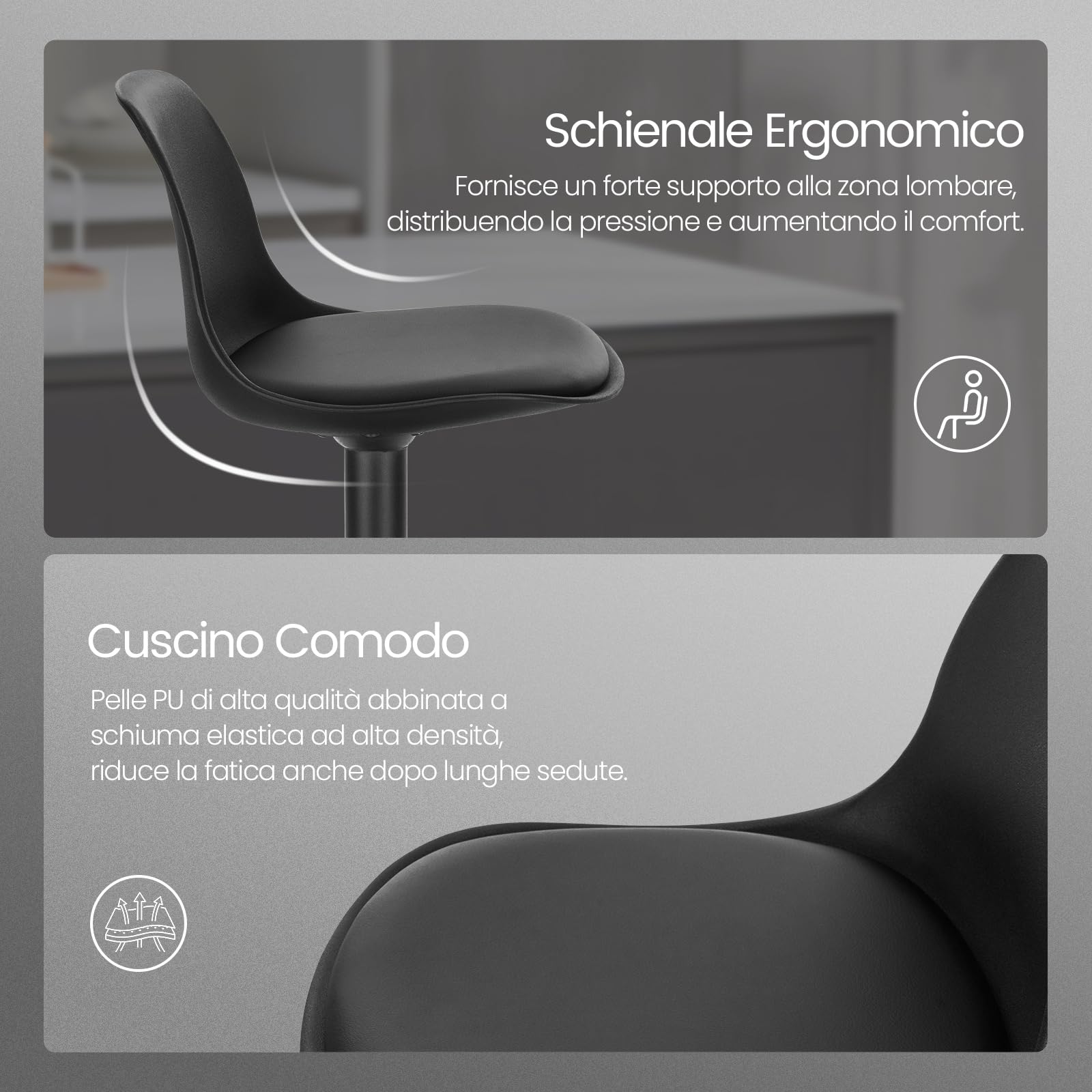 EUGAD Coppia Sgabello da Bar Moderno Sgabello Alto con schienale in Simipelle Sedia Alta da Cucina Regolabile Girevole Nero
