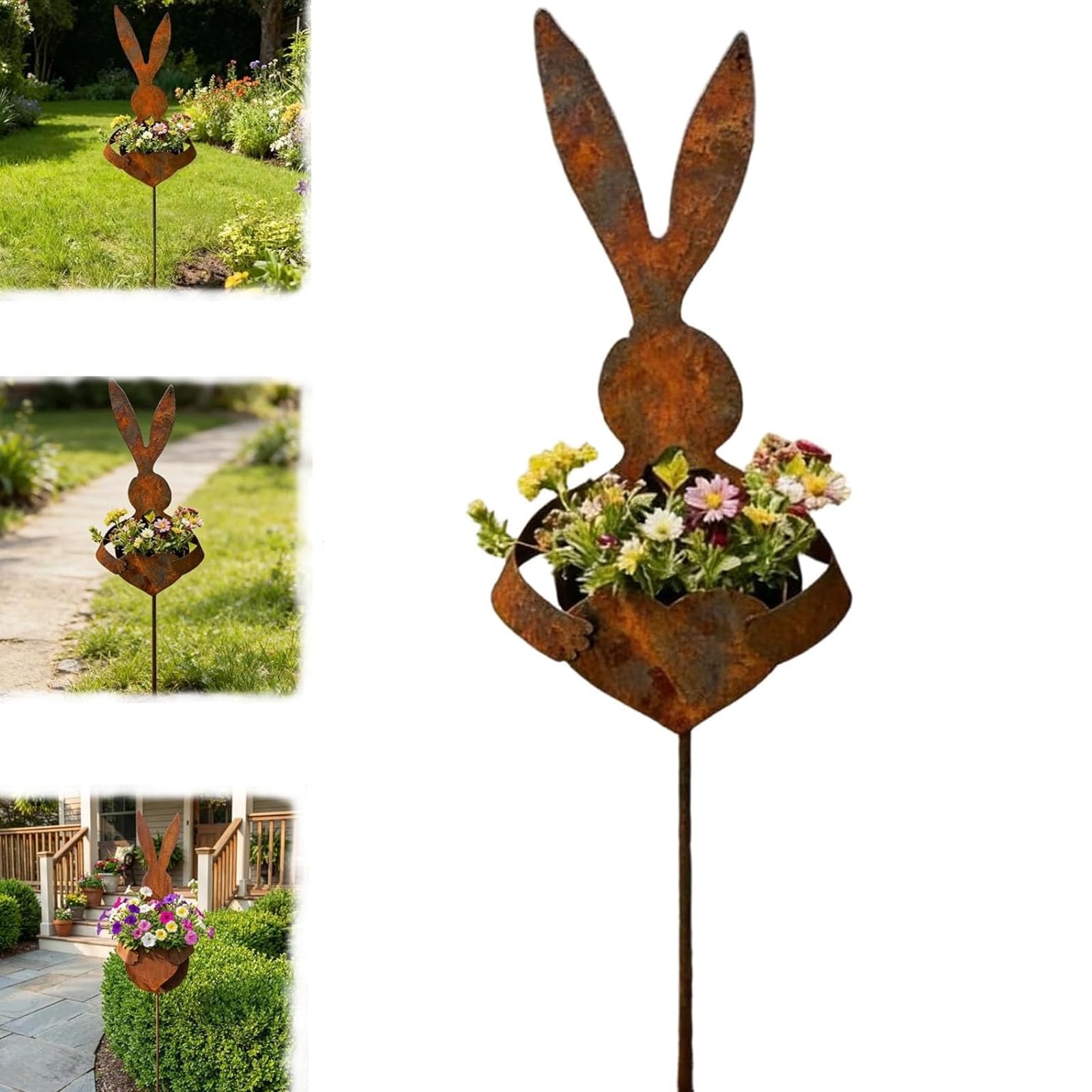 Easter Vintage Metal Rabbit Shaped Planter Garden Stake, Rustic Patina Finish Bunny Decor, Decorative Stake for Small Flowers Succulents Spring Displays, for Outdoor Garden Yard (1pc)