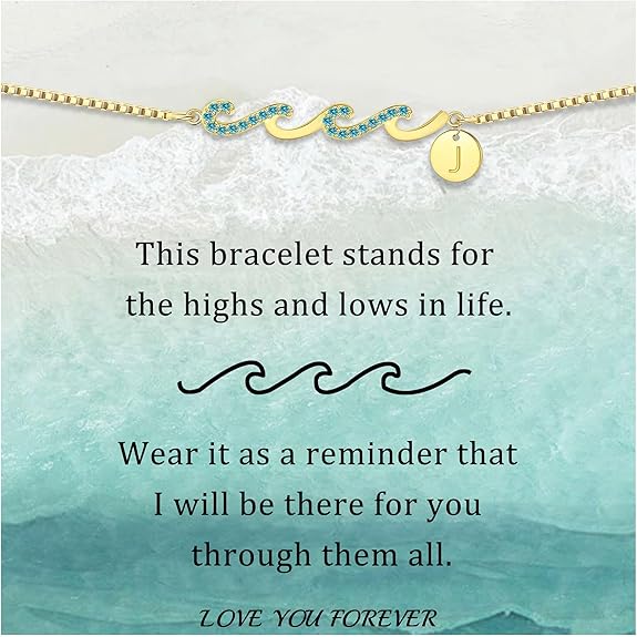 Dainty Gold Bracelet with Initials, Gifts for Women Initial Bracelets for Women Mom Gift Teen Gifts Trendy Stuff Wave Bracelet Grandma Graduation Gifts for Her 2025 Daughter Friend Letter A-Z Birthday Christmas Jewelry