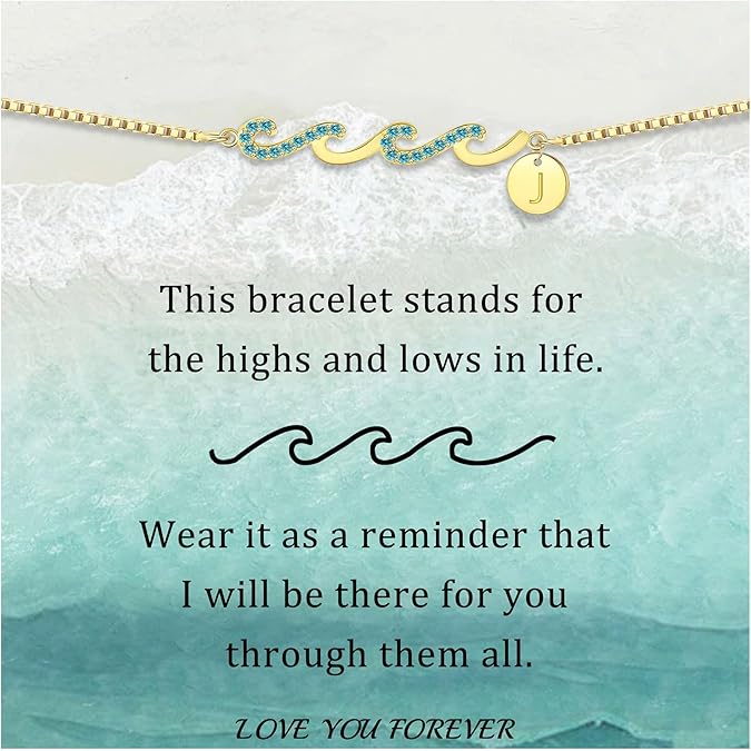 Dainty Gold Bracelet with Initials, Gifts for Women Initial Bracelets for Women Mom Gift Teen Gifts Trendy Stuff Wave Bracelet Grandma Graduation Gifts for Her 2025 Daughter Friend Letter A-Z Birthday Christmas Jewelry