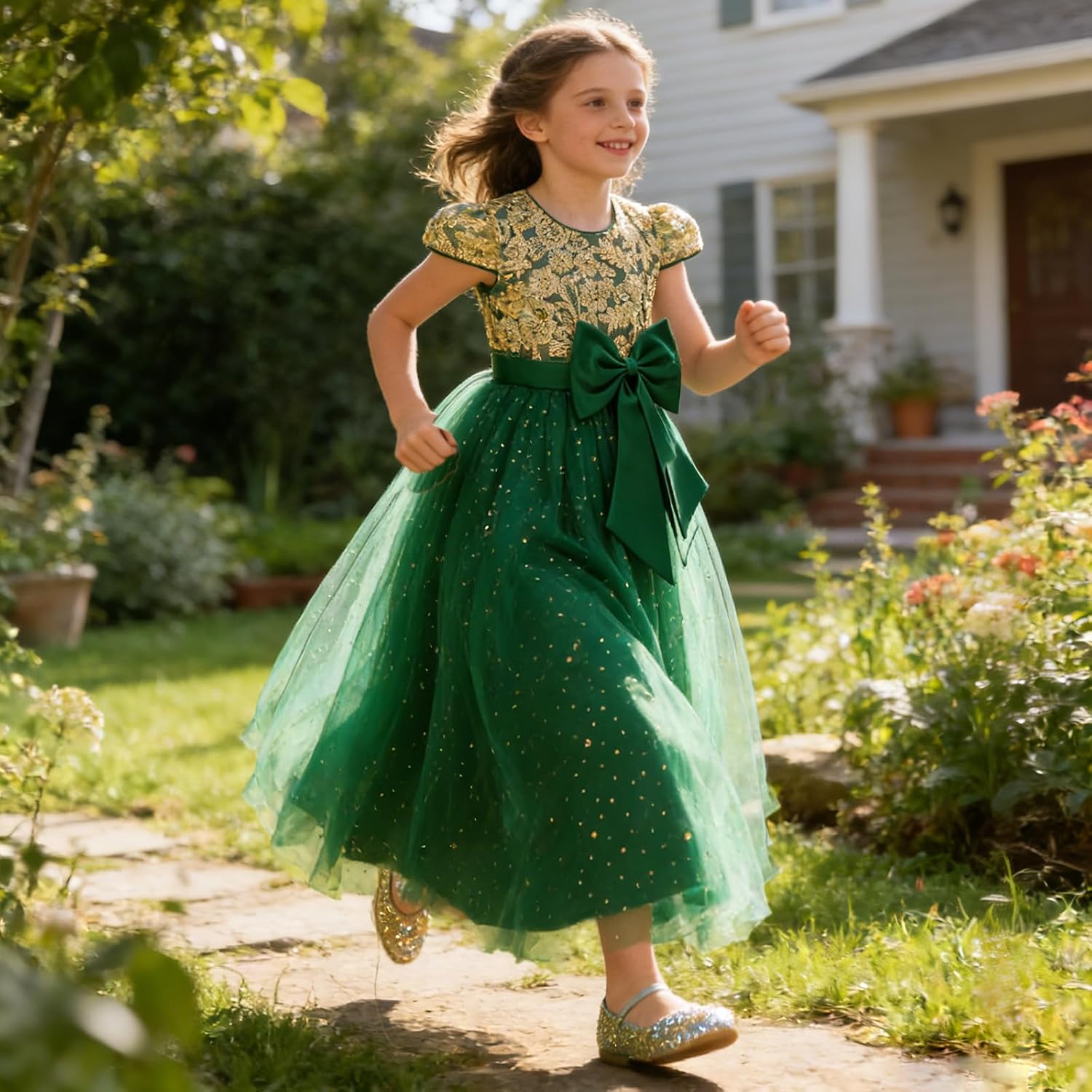 Girls Flower Dresses Formal Pageant Sequin Lace Tulle Dress for Wedding Vintage Prom Party Ball Gown