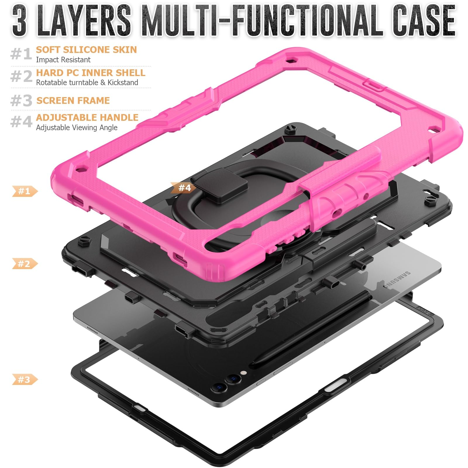 Custodia protettiva per tablet PC, resistente, antiurto, in TPU, compatibile con Samsung Galaxy Tab S9 Plus 12,4 pollici modello 2023 (SM-X810/X816/X818), custodia per bambini, maniglia girevole a 360