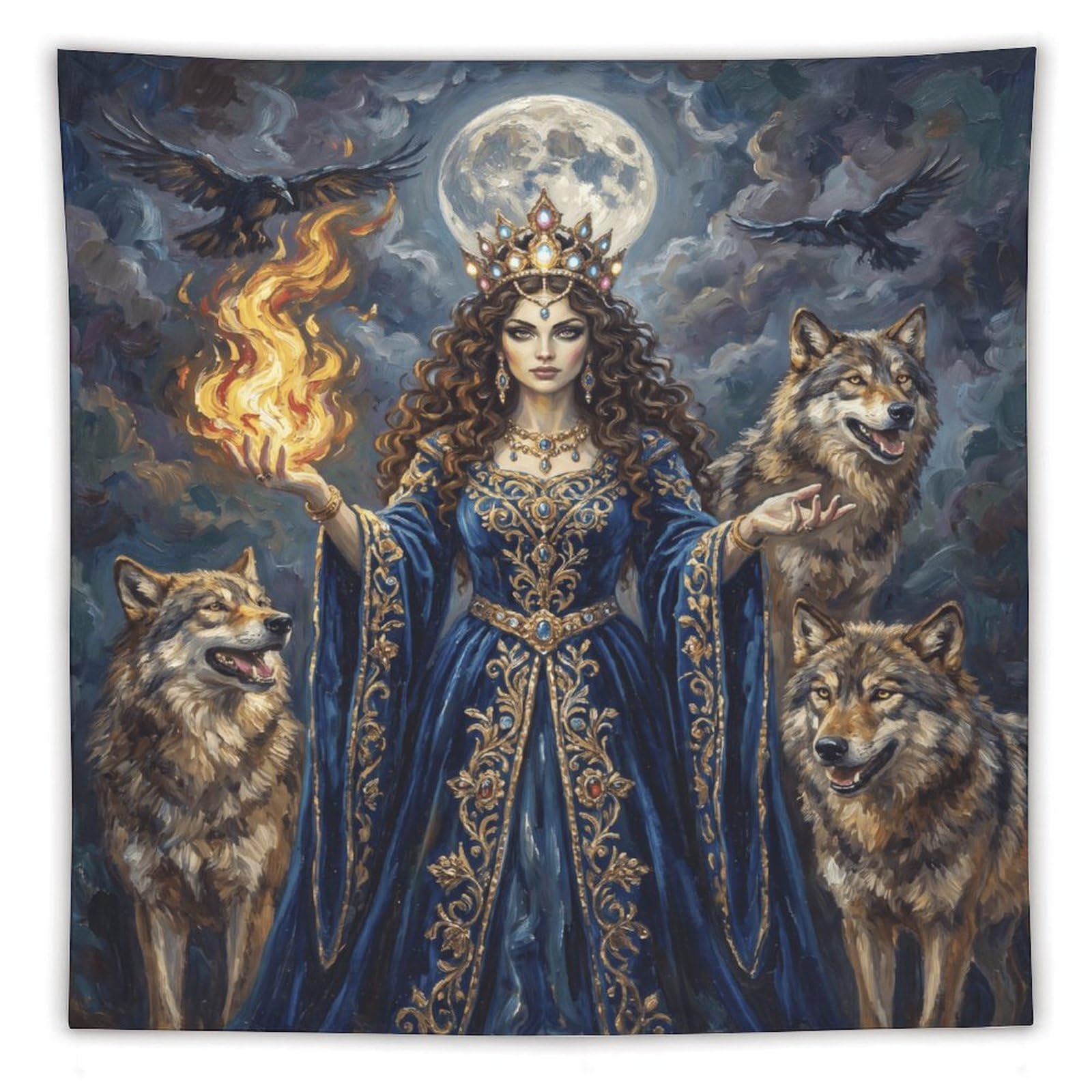 H3B8U2Y5 Wolf Goddess Blue Robe Wall Tapestry, Celestial Animal