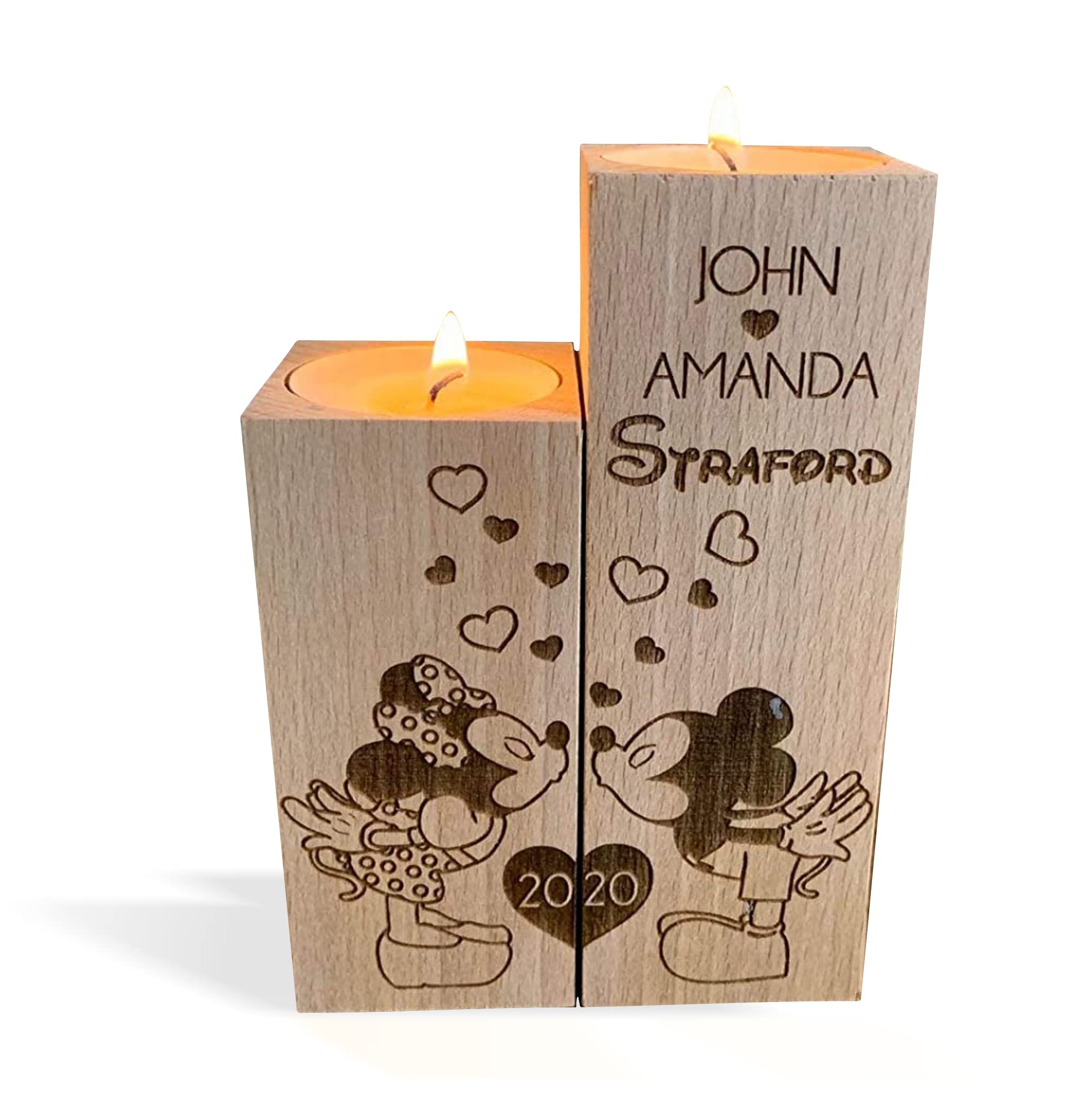 Mickey and Minnie, Mickey Mouse Wood Candle Holder, Custom Disney Decorative Tealight Holder, Wedding Gift for Couple, Personalised Candle Holder, Love Heart Shape, Christmas 2024, Mother's Day Gift