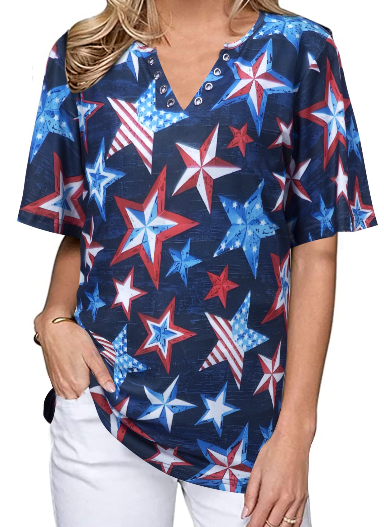 BANGELYAmerican Flag Shirt Women Red White and Blue Shirts Patriotic T-Shirts 4th of July Tops V Neck Summer Casual Tee Tops