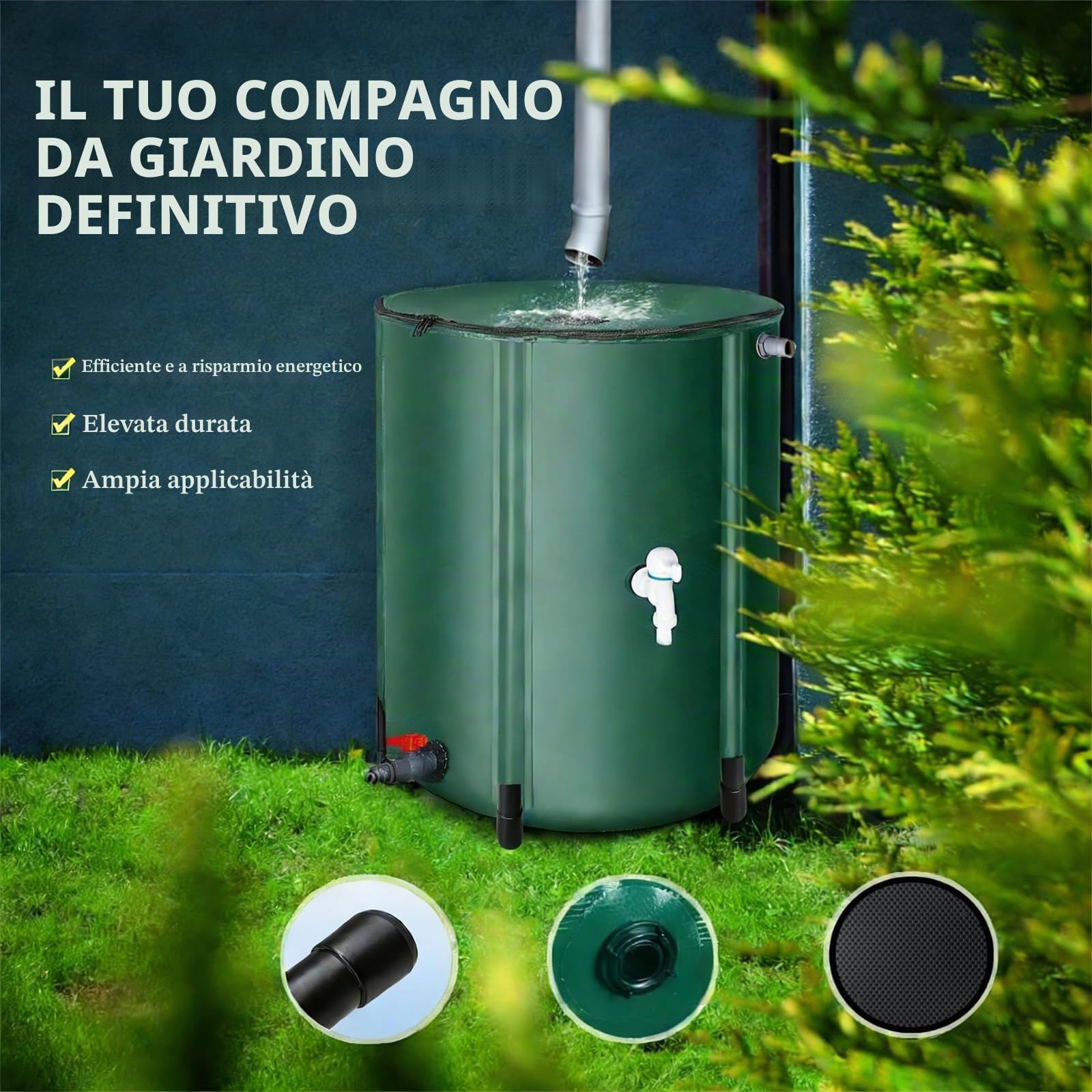 Serbatoio per Acqua Piovana 250L con Supporto e Rubinetto, PVC Pieghevole, Serbatoio per Acqua Piovana UK, Verde Militare