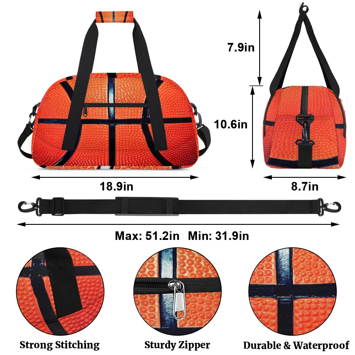 Sport Basketball Kids Overnighted Duffel Bag Carry-On Size & Ideal for School Practice or Weekender Travel with Zip and Shoulder Stra for Boys & Girls