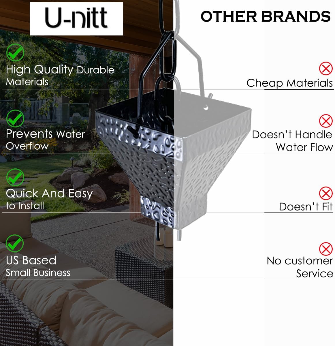 U-nitt Rain Chain Water Collection for Gutters Rainwater Catcher & Diverter, 8.5 FT Chains for Outside Garden, Black Square Cups, Roof Downspout, Works with Heavy Rain, w/Gutter Clip for Rainchains