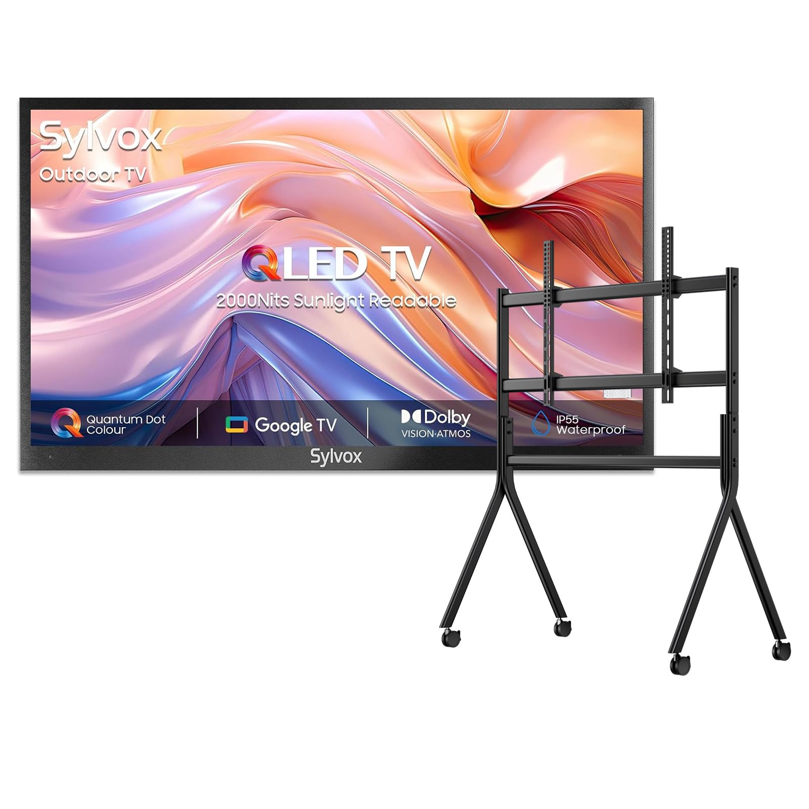 SYLVOX Outdoor TV with Rolling Stand 65 inch Smart QLED TV 2000 Nit Full Sun Weatherproof 4K UHD