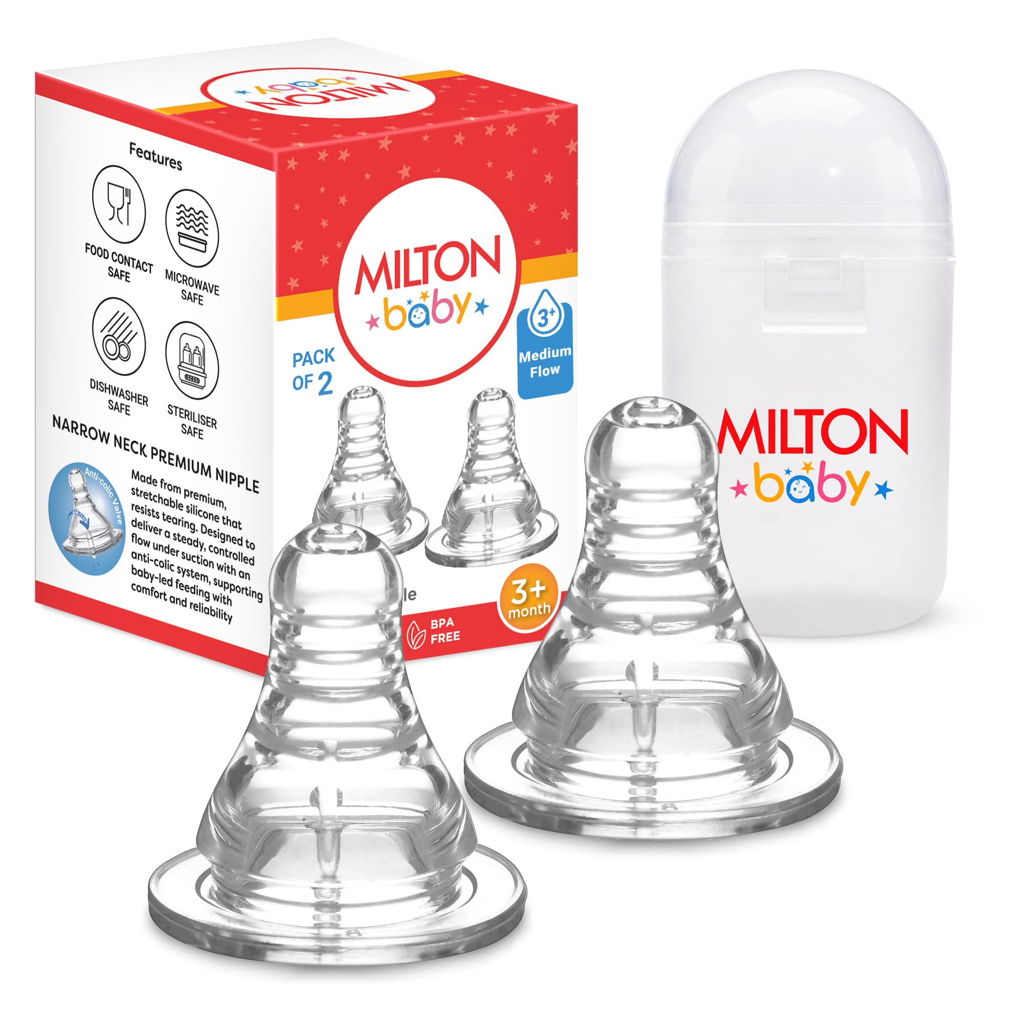 Milton Baby Anti Colic 100% Silicone Teat/Nipple for Narrow Neck Feeding Bottle I BPA Free I Supports Baby Led Feeding I Sterilizer Safe I Medium Flow I 3+ Month I Pack of 2-image-22
