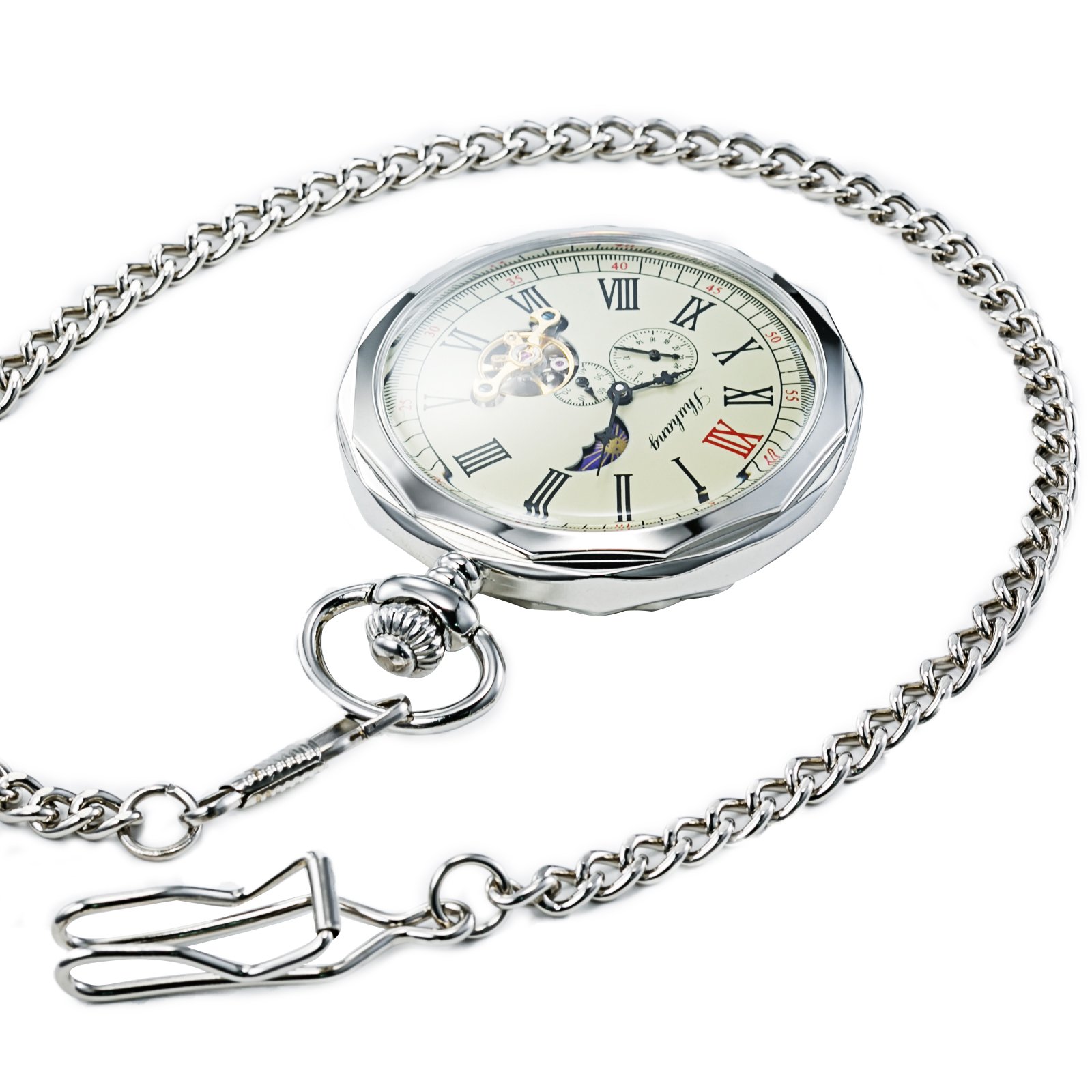 TREEWETO Mechanische Taschenuhr, römische Ziffern, offenes Zifferblatt mit Kette, 24 Stunden, Mond, Sonne + Box