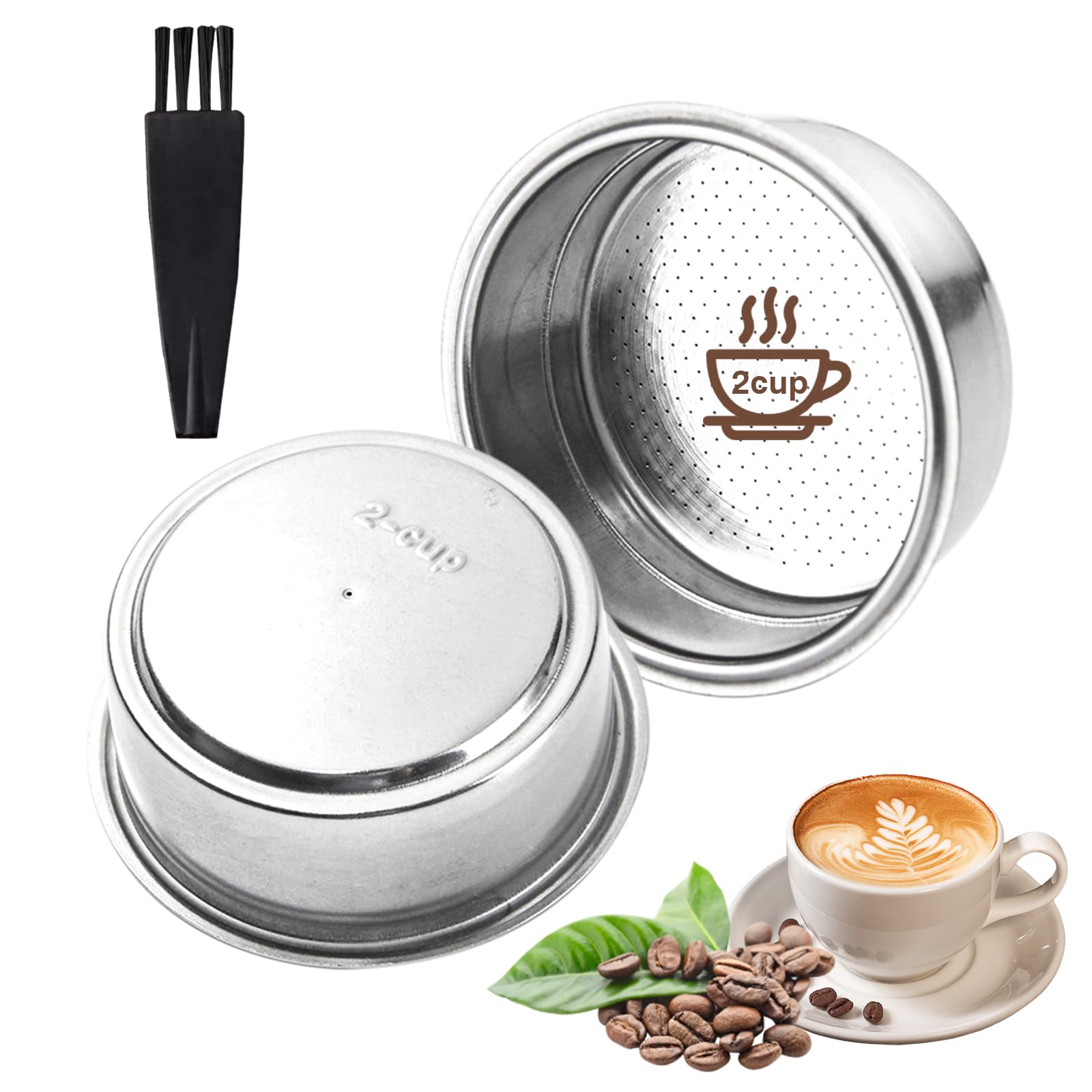 Scettar 51mm Filtro de Café de Acero Inoxidable 2 Tazas Canasta de Filtro Presurizado de Doble Capa con Cepillo Canasta de Filtro Expreso de Compatible con Cafeteras Cecotec Ufesa Breville