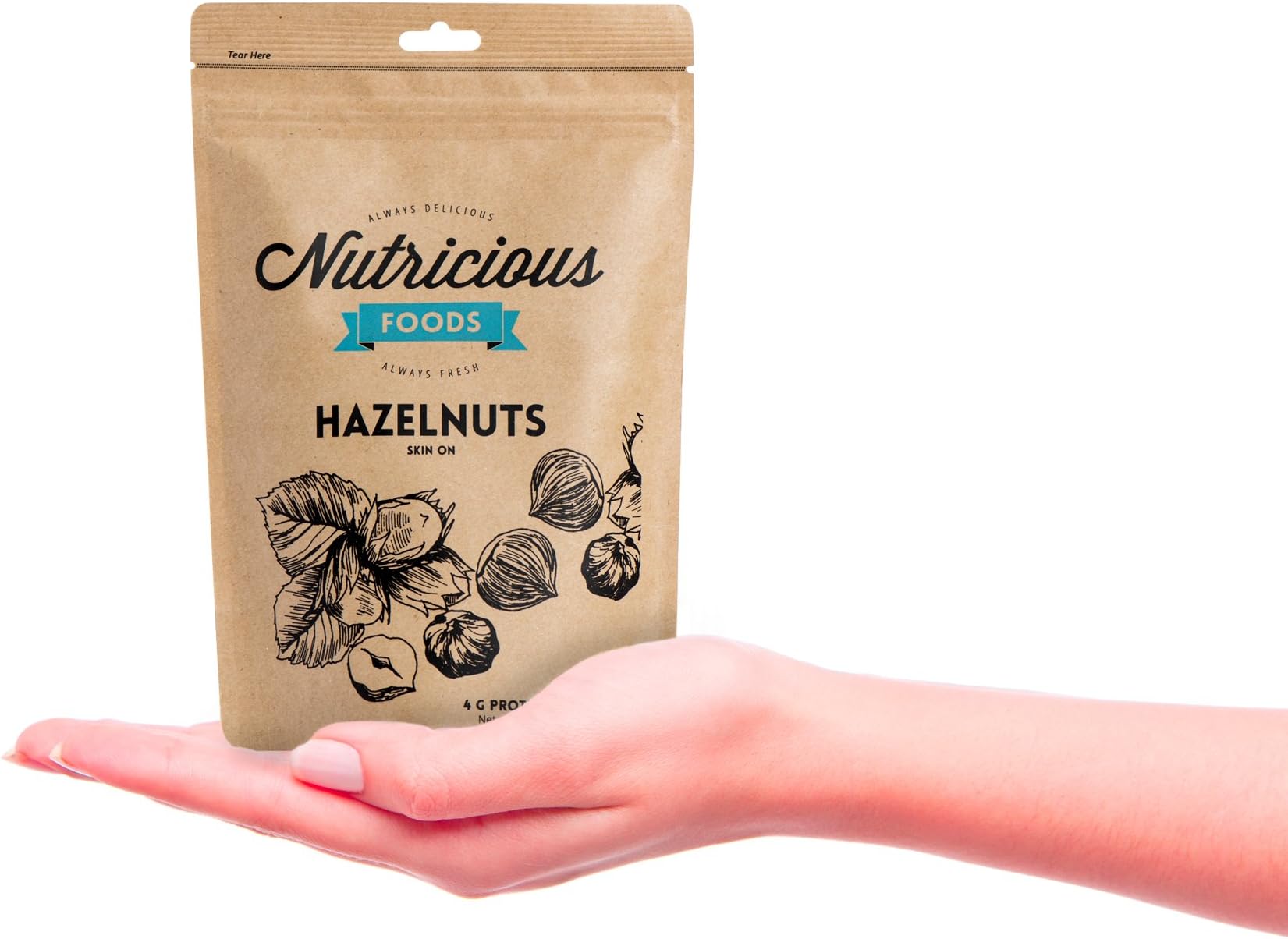 Nutricious Foods Hazelnuts Skin-on. 4 Grams of Protein. 3 Grams of Fiber. 9.9 oz bag. Freshly Packed. Unsalted. Always Delicious, Always Fresh.