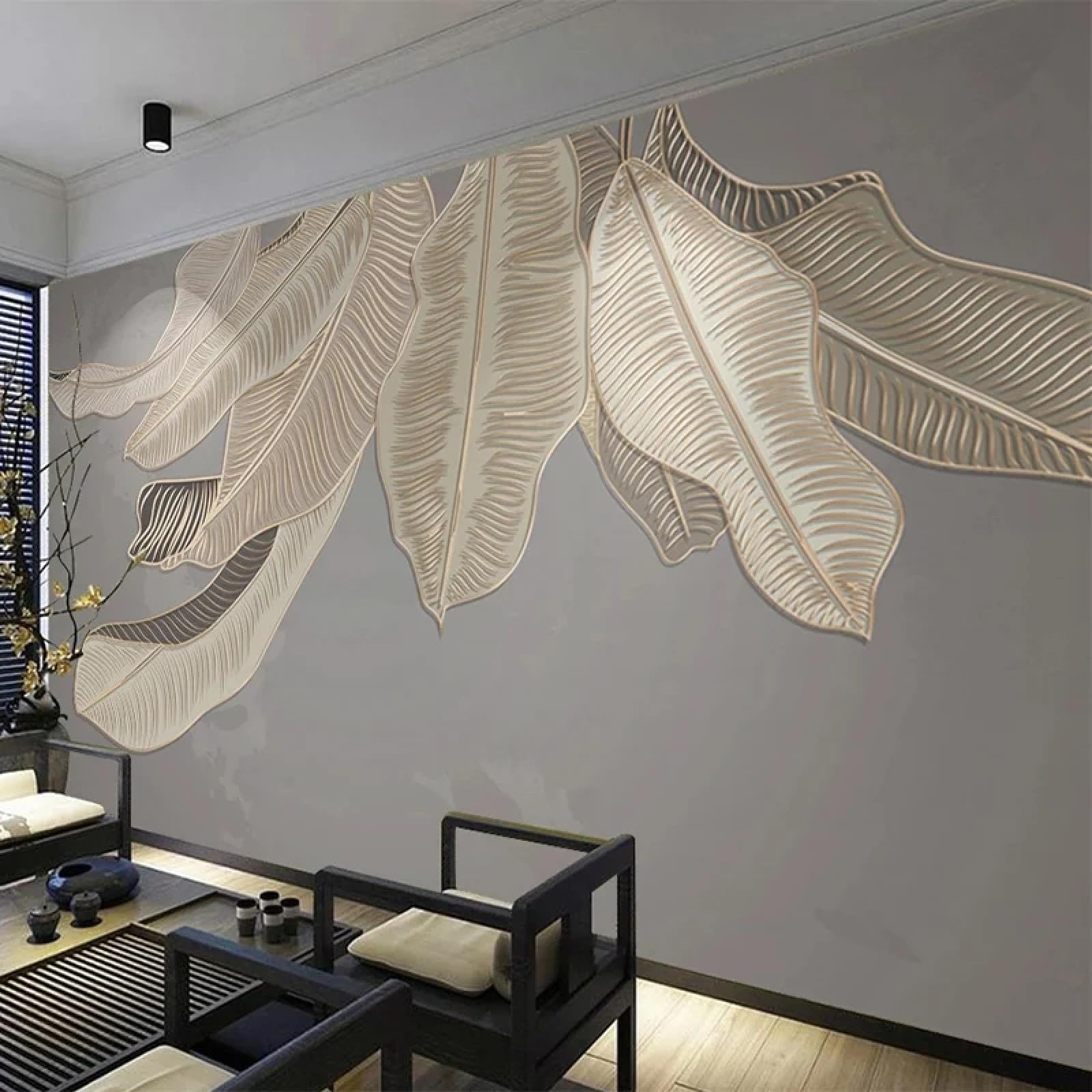 Papier peint 3D classique haut de gamme à motif de feuilles de bananier dorées