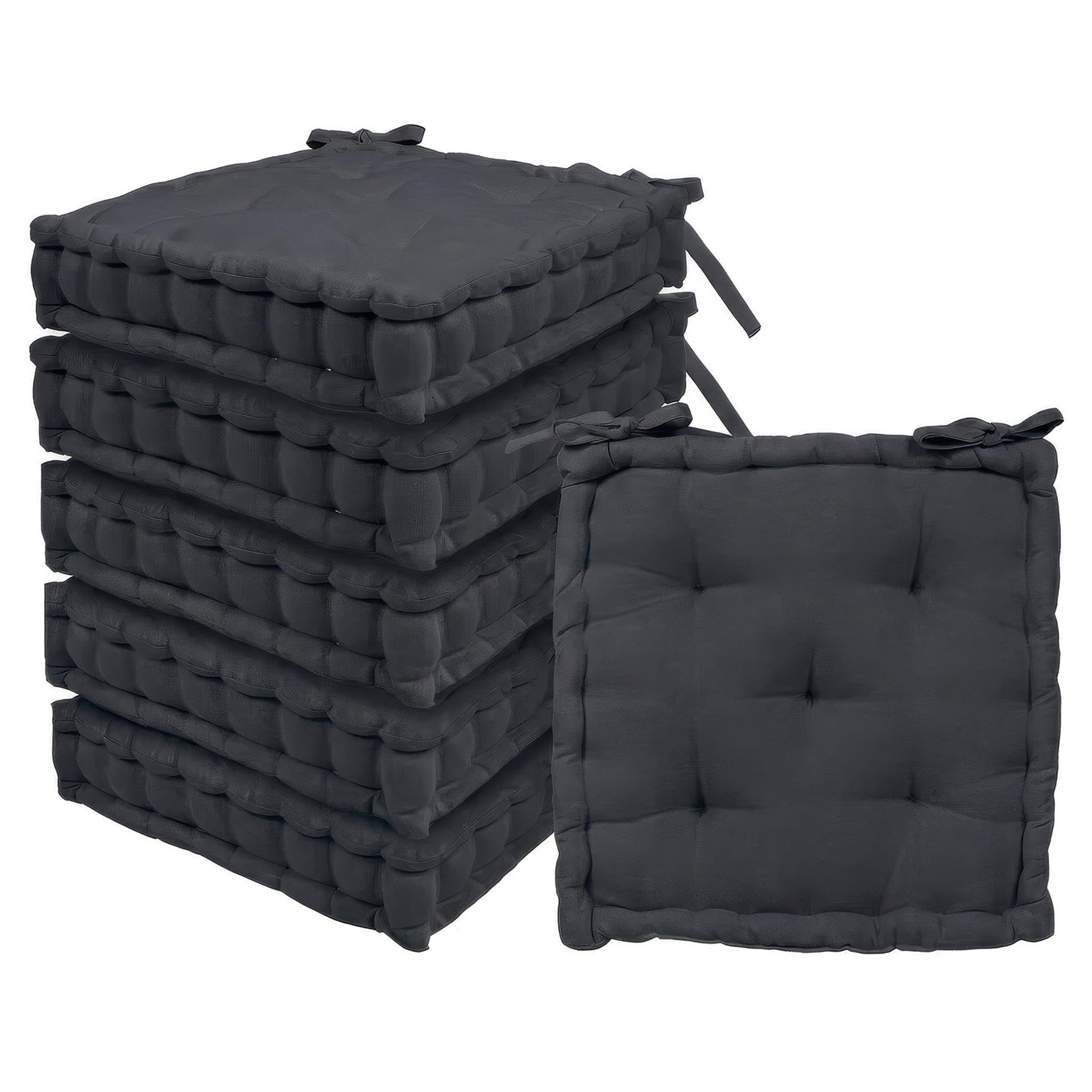 Harbour Housewares Square Seat Pads Pack of 6-40 x 40cm Extra Thick Cushions with Ties, Indoor Outdoor Chair Seat Pads for Dining Chairs, Garden, Patio & Bistro Seating - Black