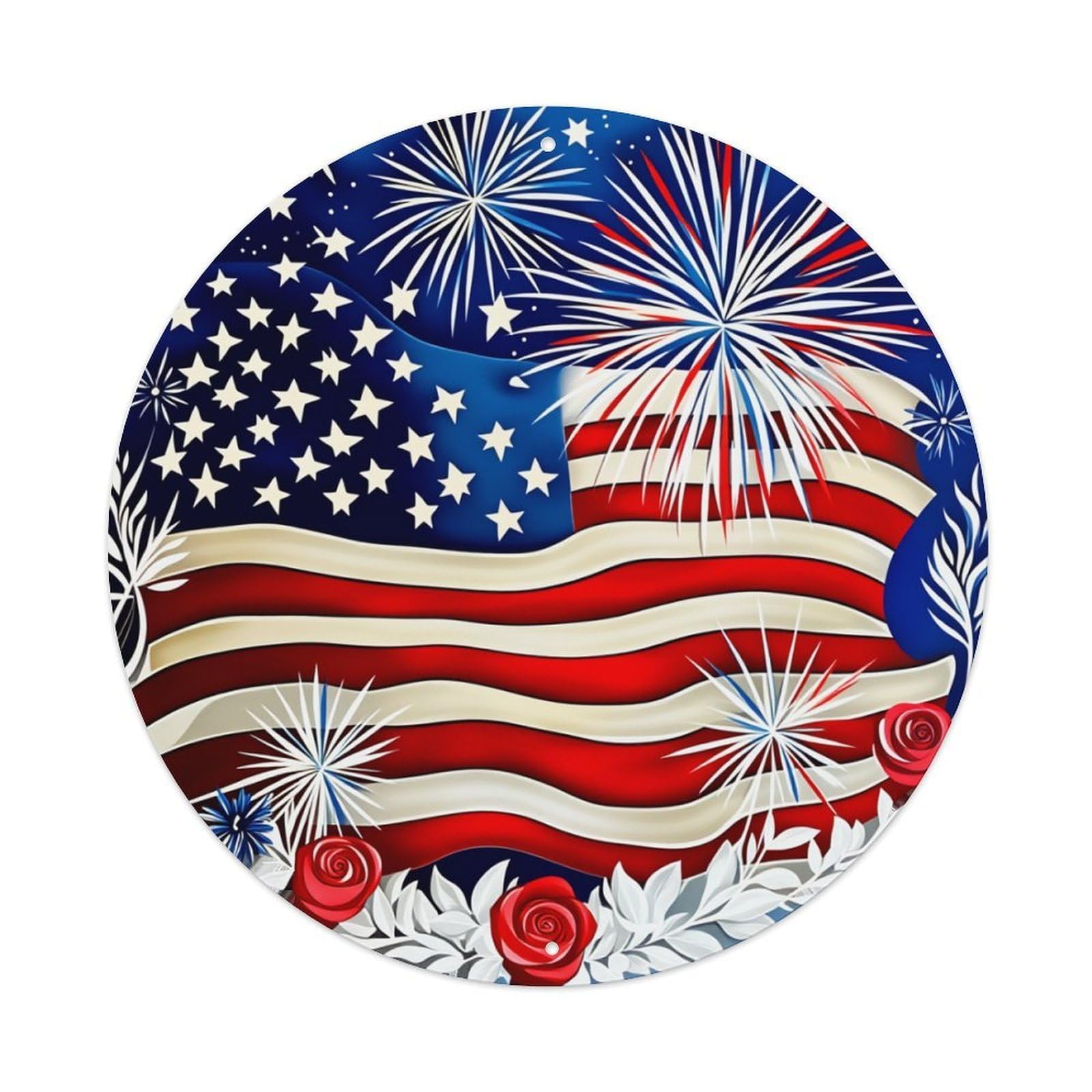 American Flag Fireworks Roses Leaves Round Tin Sign Retro Metal Sign for Cafe Bar Pub Home Game Room Gym Club Wall Decoration Vintage Metal Poster 8x8 Inch
