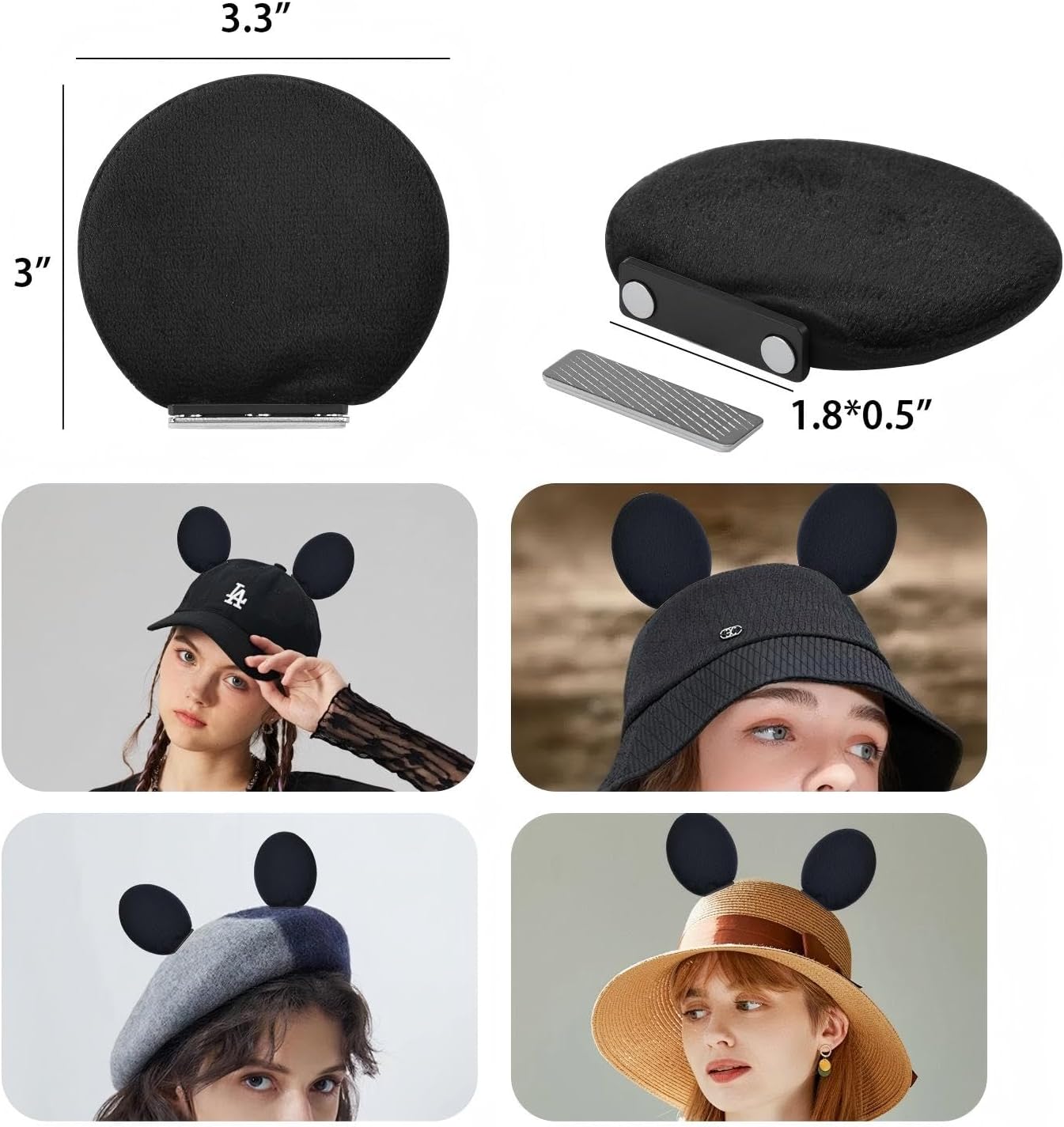 4 Pcs Magnetic Mouse Ears for Hats, Removable Magnet Minni Ear for Cap, Interchangeable Mouse Ears for Baseball Hat, Clip-On Hat Accessory, Adults and Kids, for Theme Parks Halloween Christmas Black - Image 2